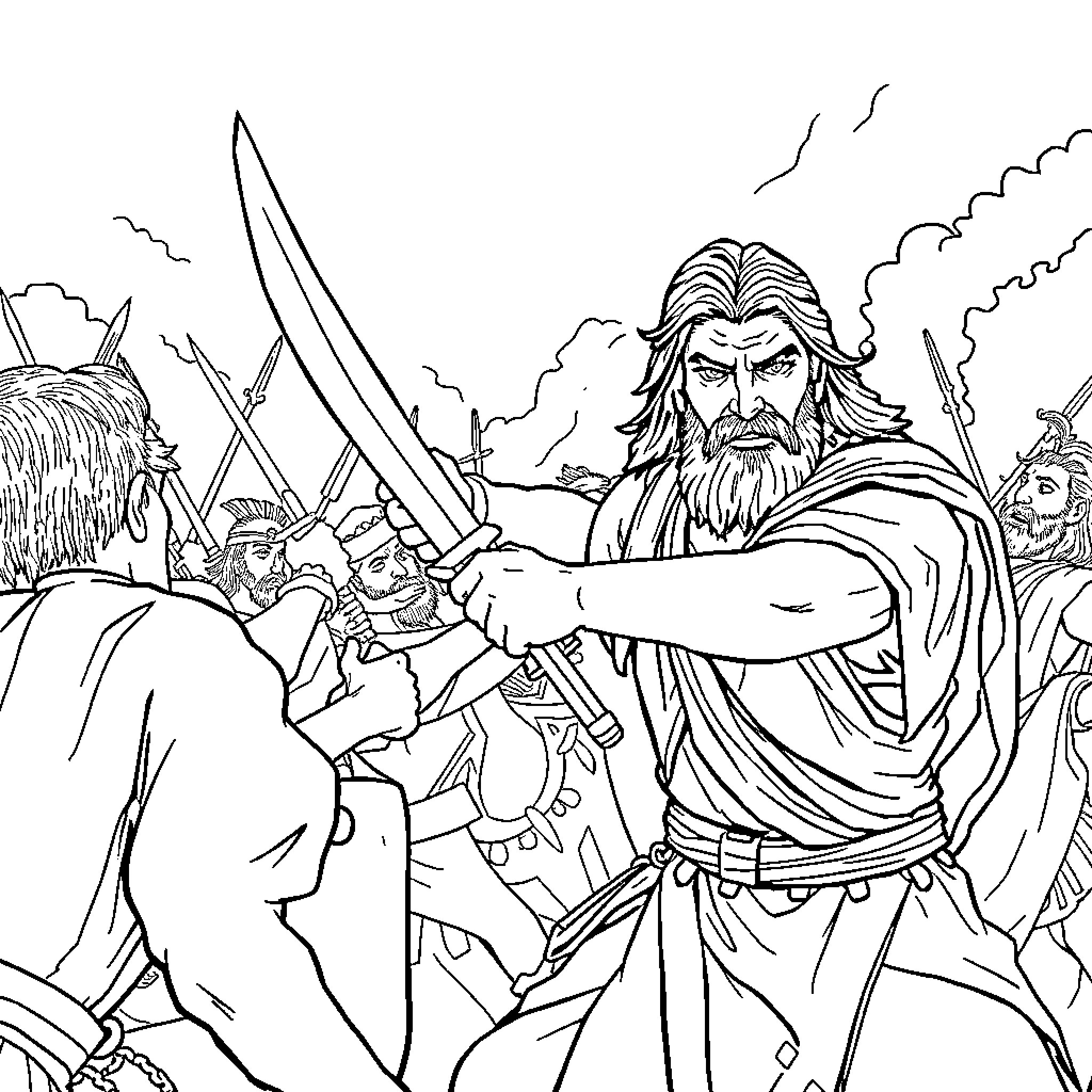 Ammon leading warriors into battle Coloring Page (free black-and-white line drawing printable PDF for all, from beginners to advanced learners, including children, teens, adults, and seniors)