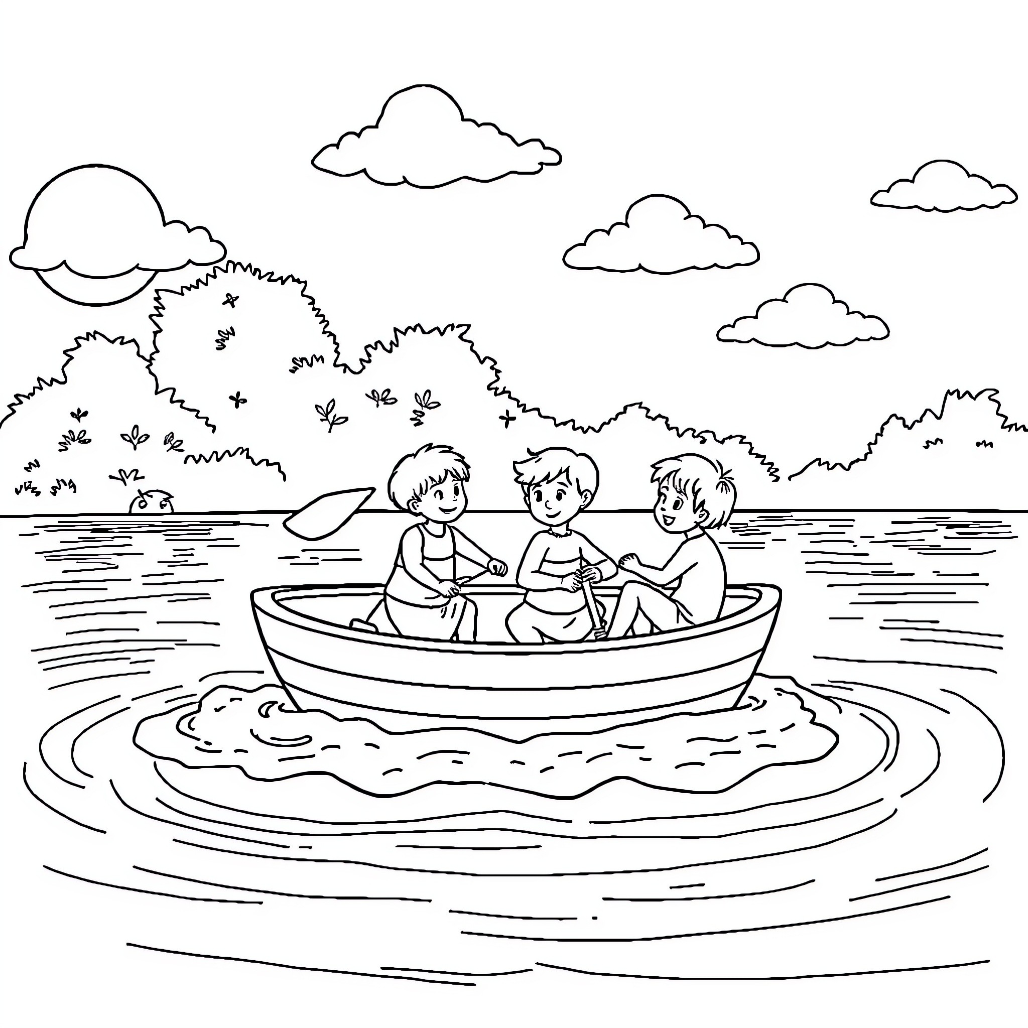 Children exploring nature on a boat Coloring Page (free black-and-white line drawing printable PDF for all, from beginners to advanced learners, including children, teens, adults, and seniors)
