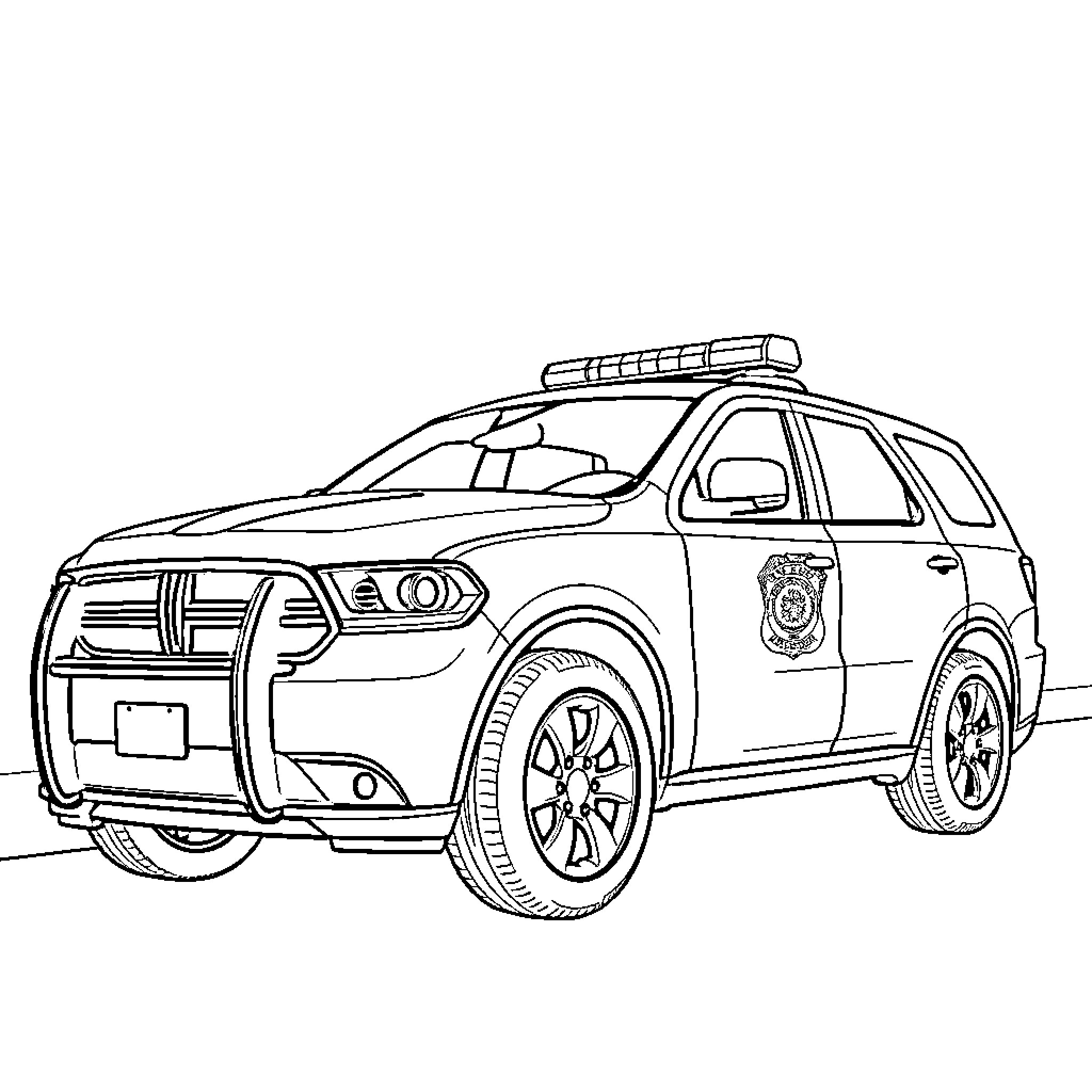 Police SUV with Sirens and Markings Coloring Page (free black-and-white line drawing printable PDF for all, from beginners to advanced learners, including children, teens, adults, and seniors)