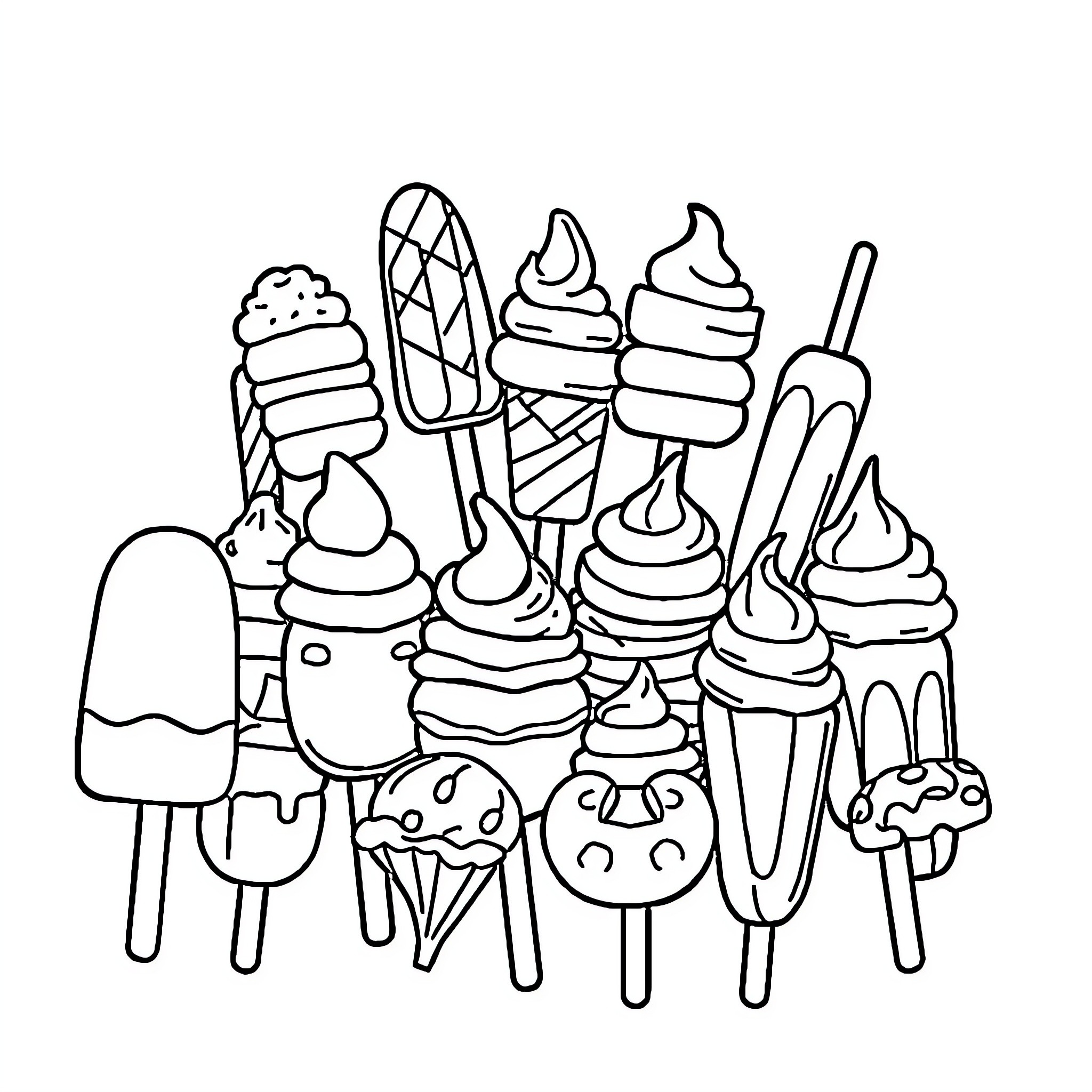 Popsicle and Ice Cream Treats Galore Coloring Page (free black-and-white line drawing printable PDF for all, from beginners to advanced learners, including children, teens, adults, and seniors)