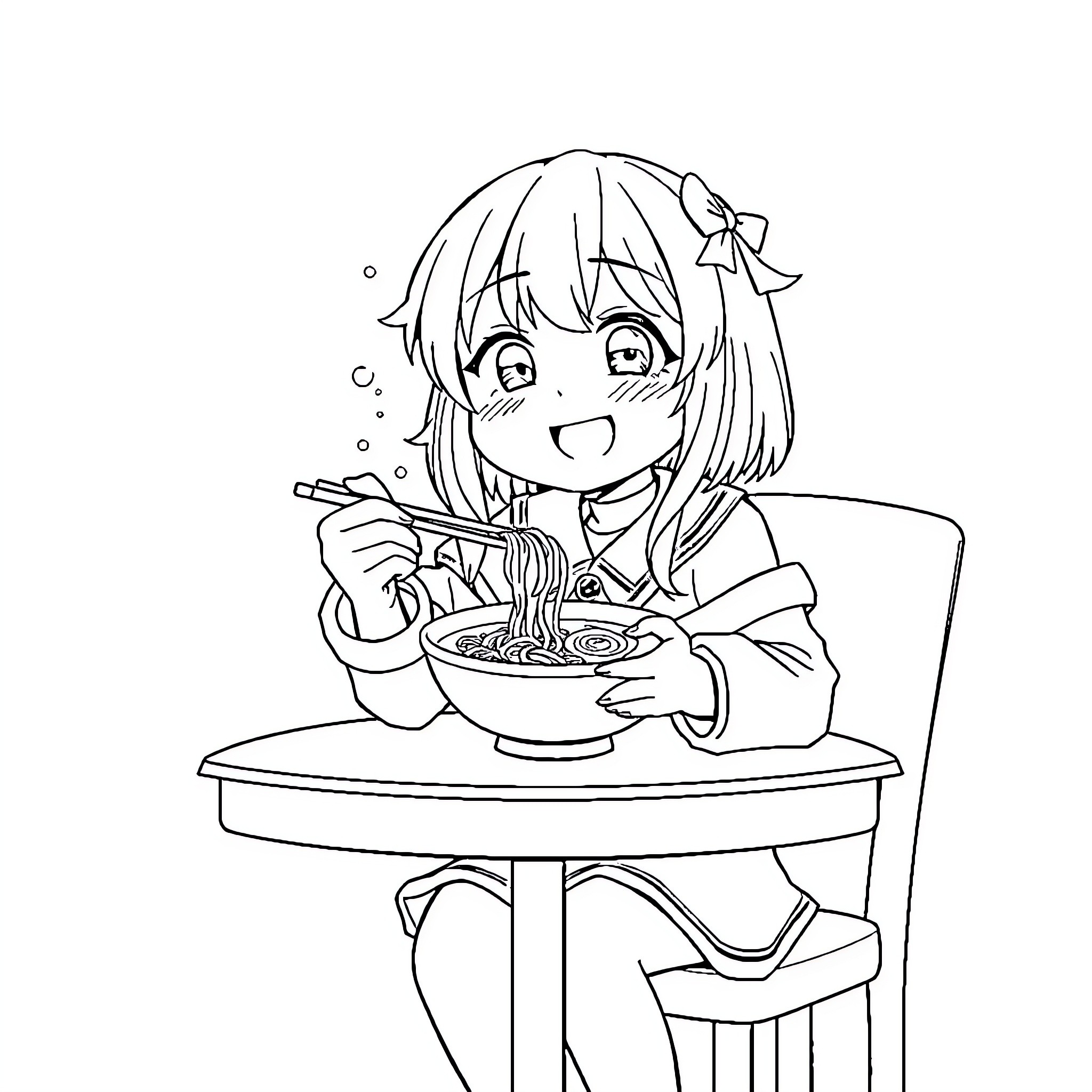 Kuromi happily eating noodles Coloring Page (free black-and-white line drawing printable PDF for all, from beginners to advanced learners, including children, teens, adults, and seniors)