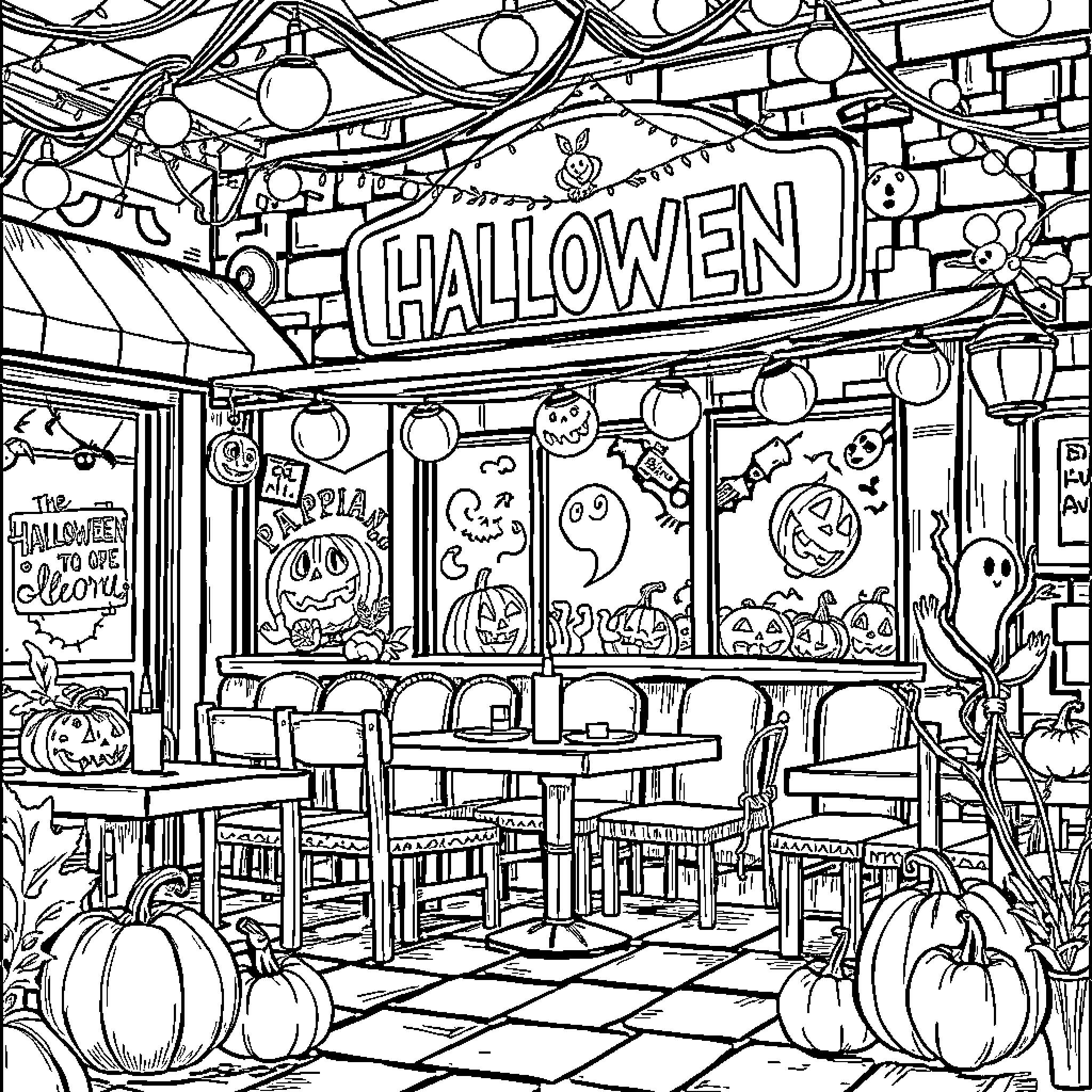 Halloween-themed decorations, costumes, and party scene Coloring Page (free black-and-white line drawing printable PDF for all, from beginners to advanced learners, including children, teens, adults, and seniors)