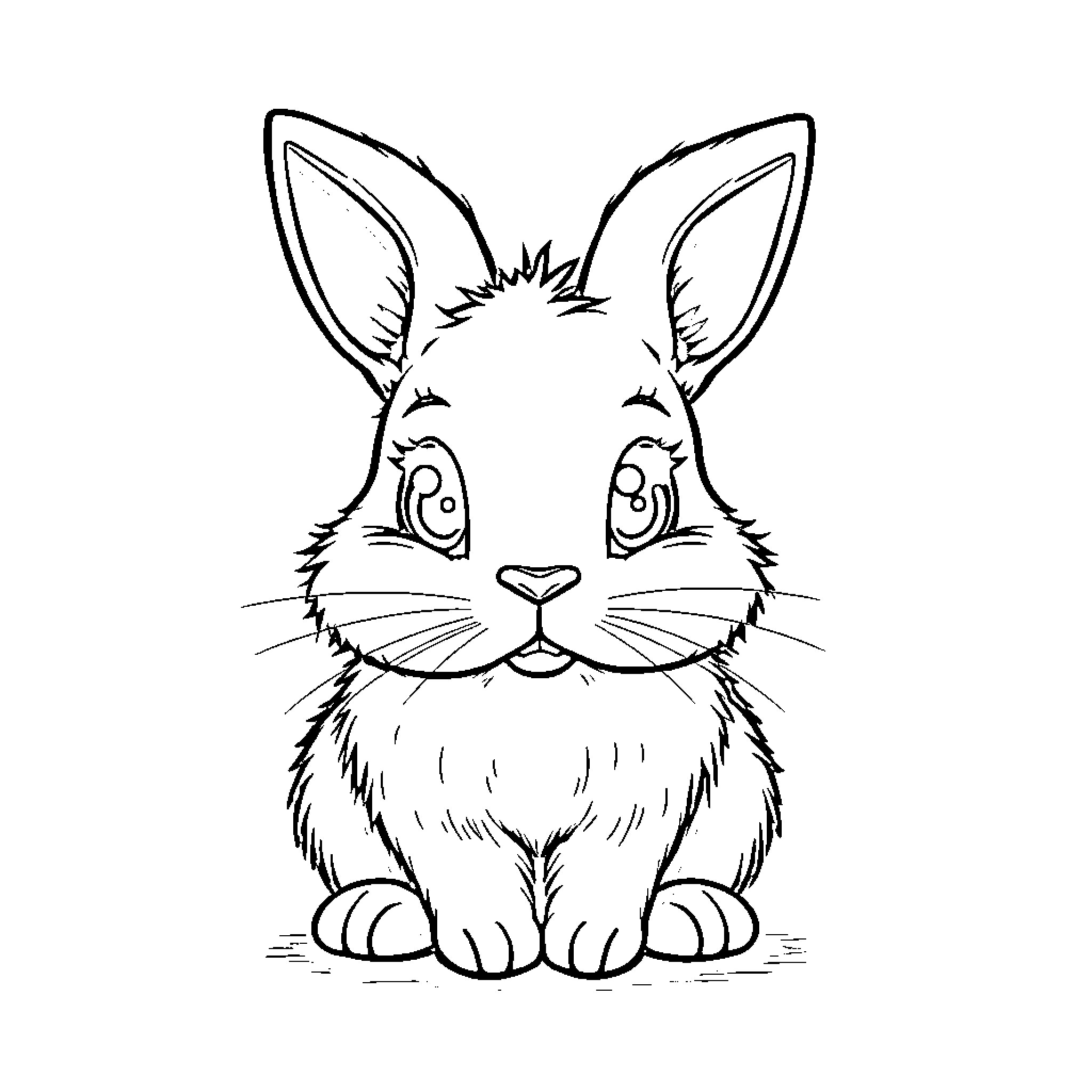 Bunny with large ears sitting and looking curious Coloring Page (free black-and-white line drawing printable PDF for all, from beginners to advanced learners, including children, teens, adults, and seniors)