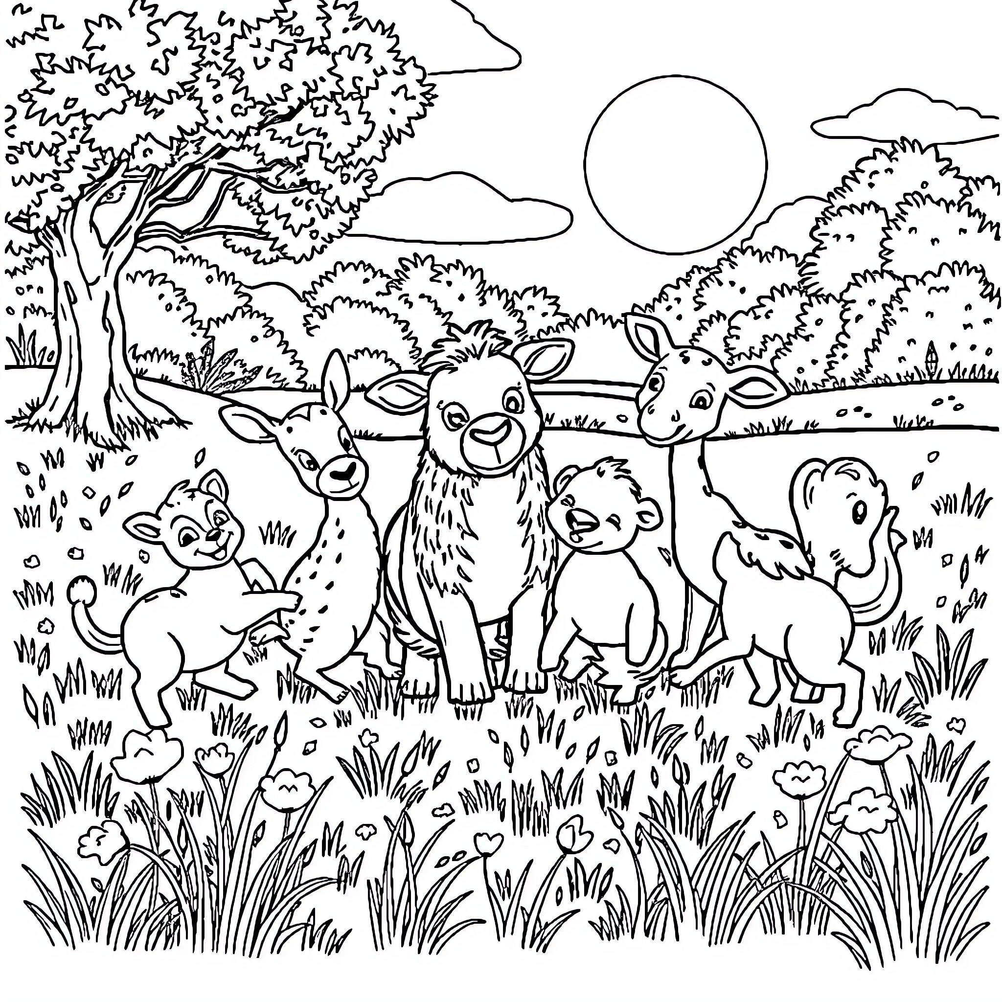 Animal friends in a sunny forest meadow Coloring Page (free black-and-white line drawing printable PDF for all, from beginners to advanced learners, including children, teens, adults, and seniors)