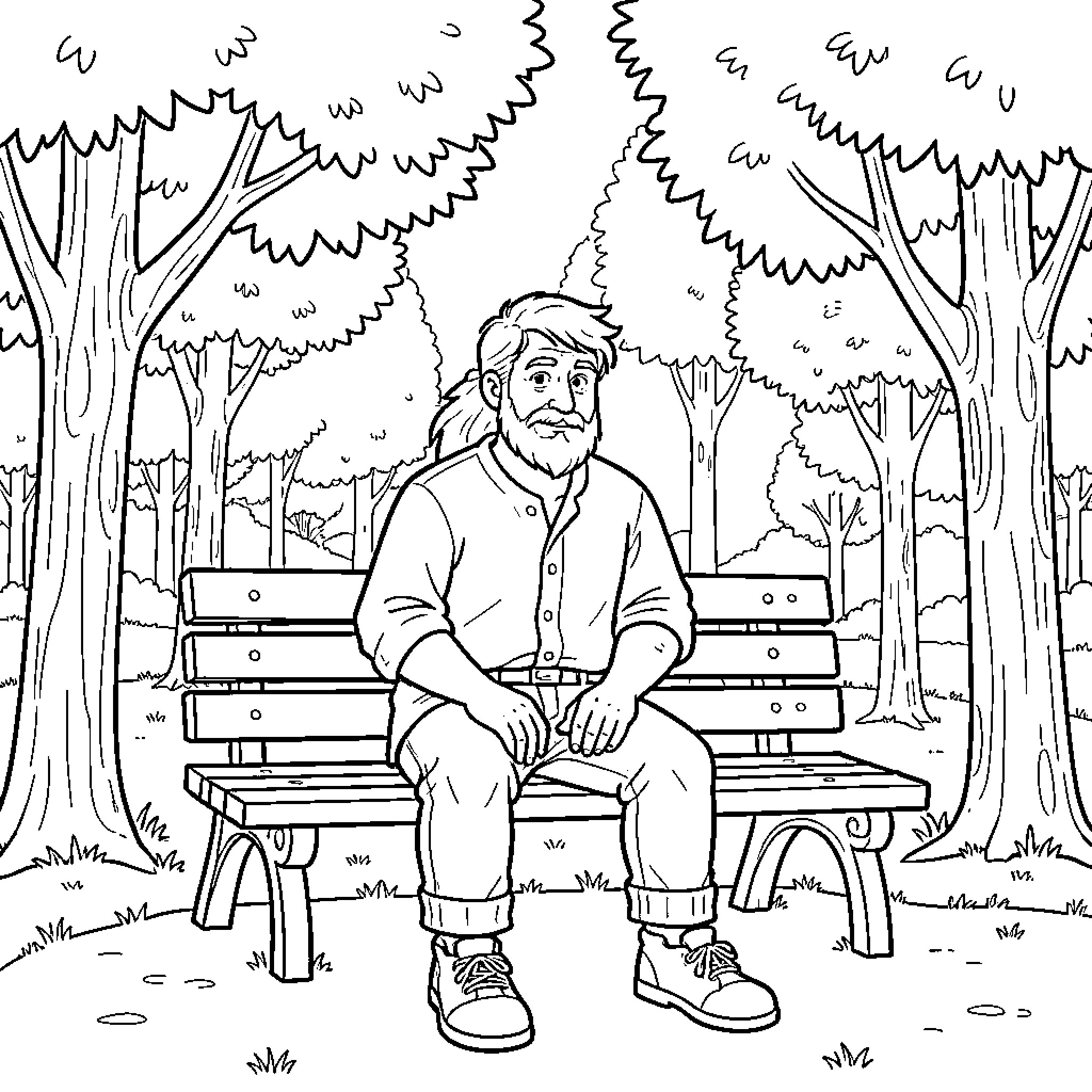 Jonah sitting calmly on a park bench Coloring Page (free black-and-white line drawing printable PDF for all, from beginners to advanced learners, including children, teens, adults, and seniors)