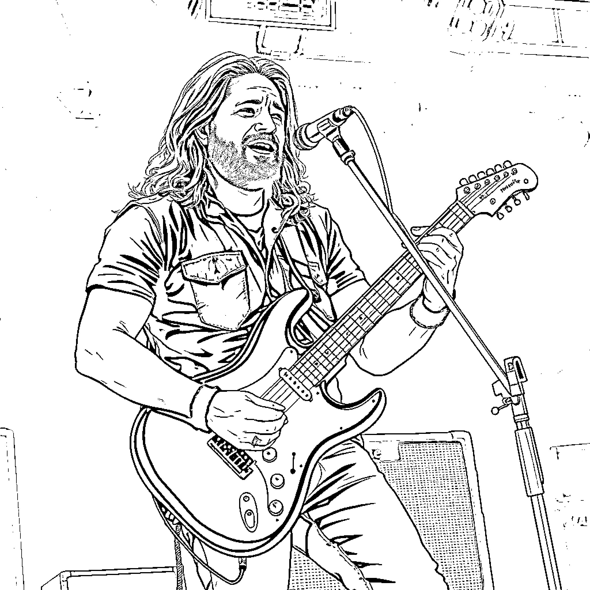 Koe Wetzel performing with guitar and microphone Coloring Page (free black-and-white line drawing printable PDF for all, from beginners to advanced learners, including children, teens, adults, and seniors)