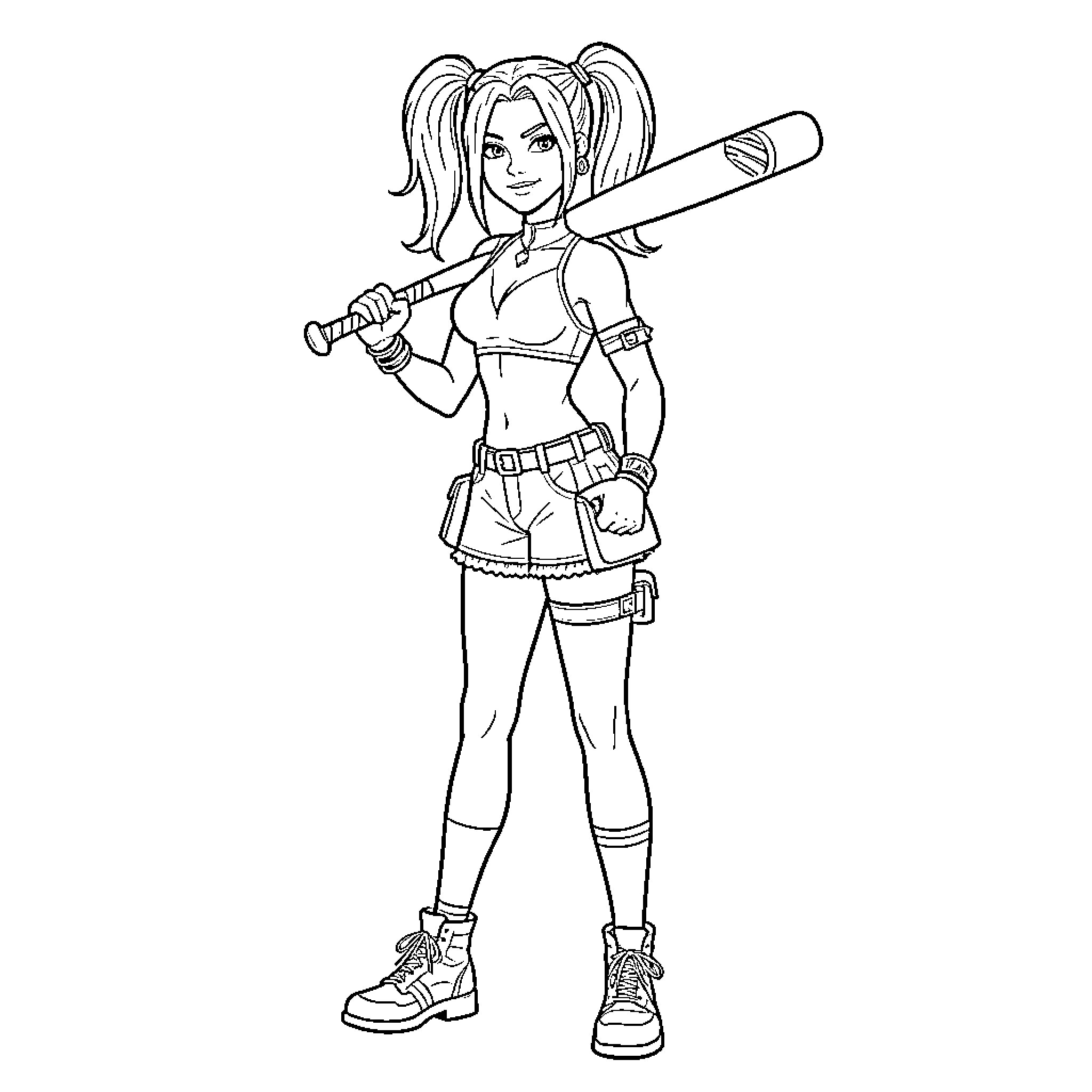 Harley Quinn holding a baseball bat with a smirk Coloring Page (free black-and-white line drawing printable PDF for all, from beginners to advanced learners, including children, teens, adults, and seniors)