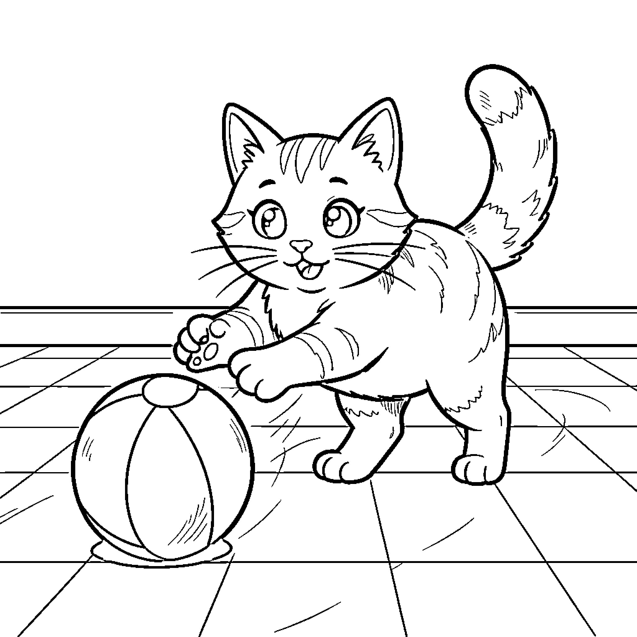 Cat playing with a ball Coloring Page (free black-and-white line drawing printable PDF for all, from beginners to advanced learners, including children, teens, adults, and seniors)