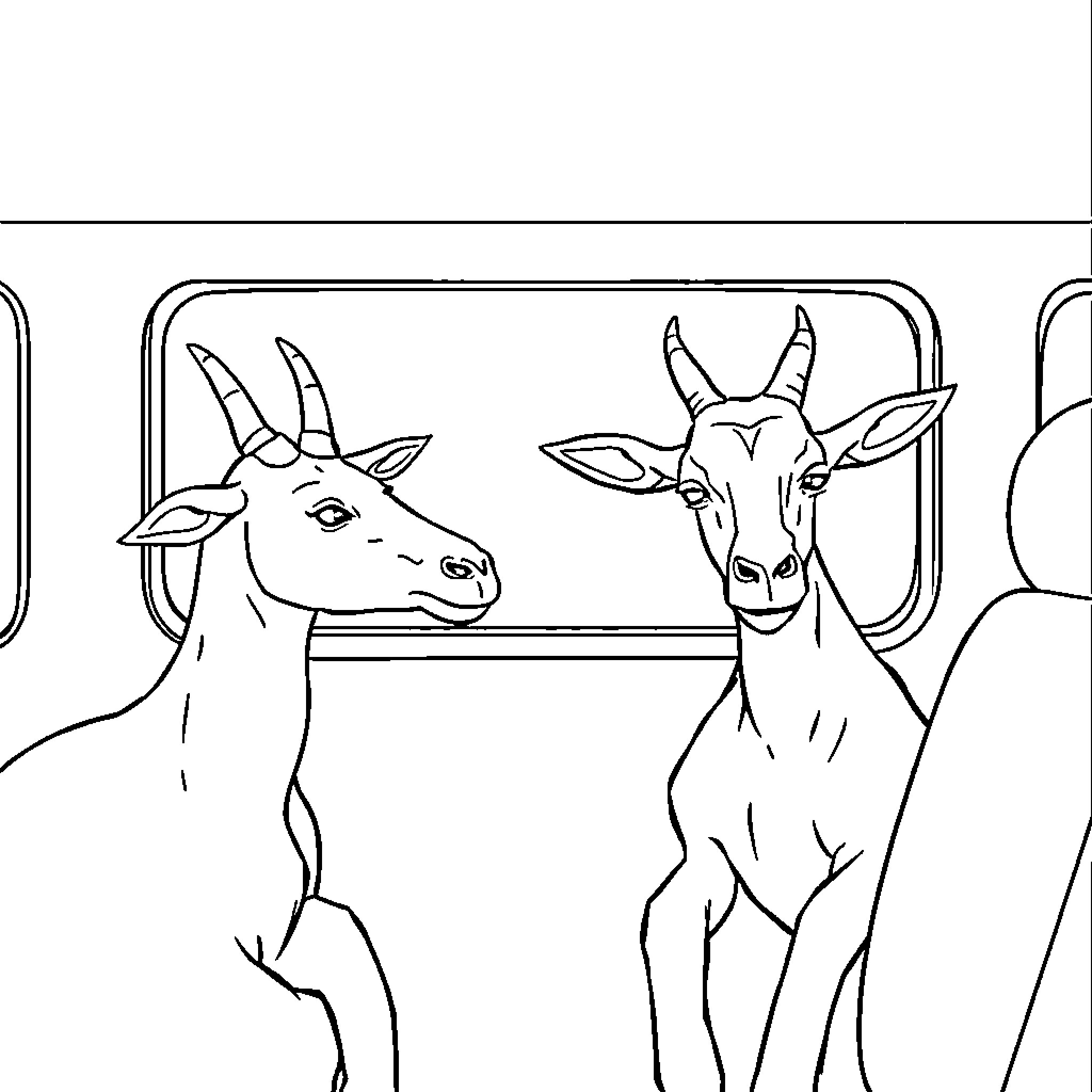 Donkey duo riding on a bus Coloring Page (free black-and-white line drawing printable PDF for all, from beginners to advanced learners, including children, teens, adults, and seniors)