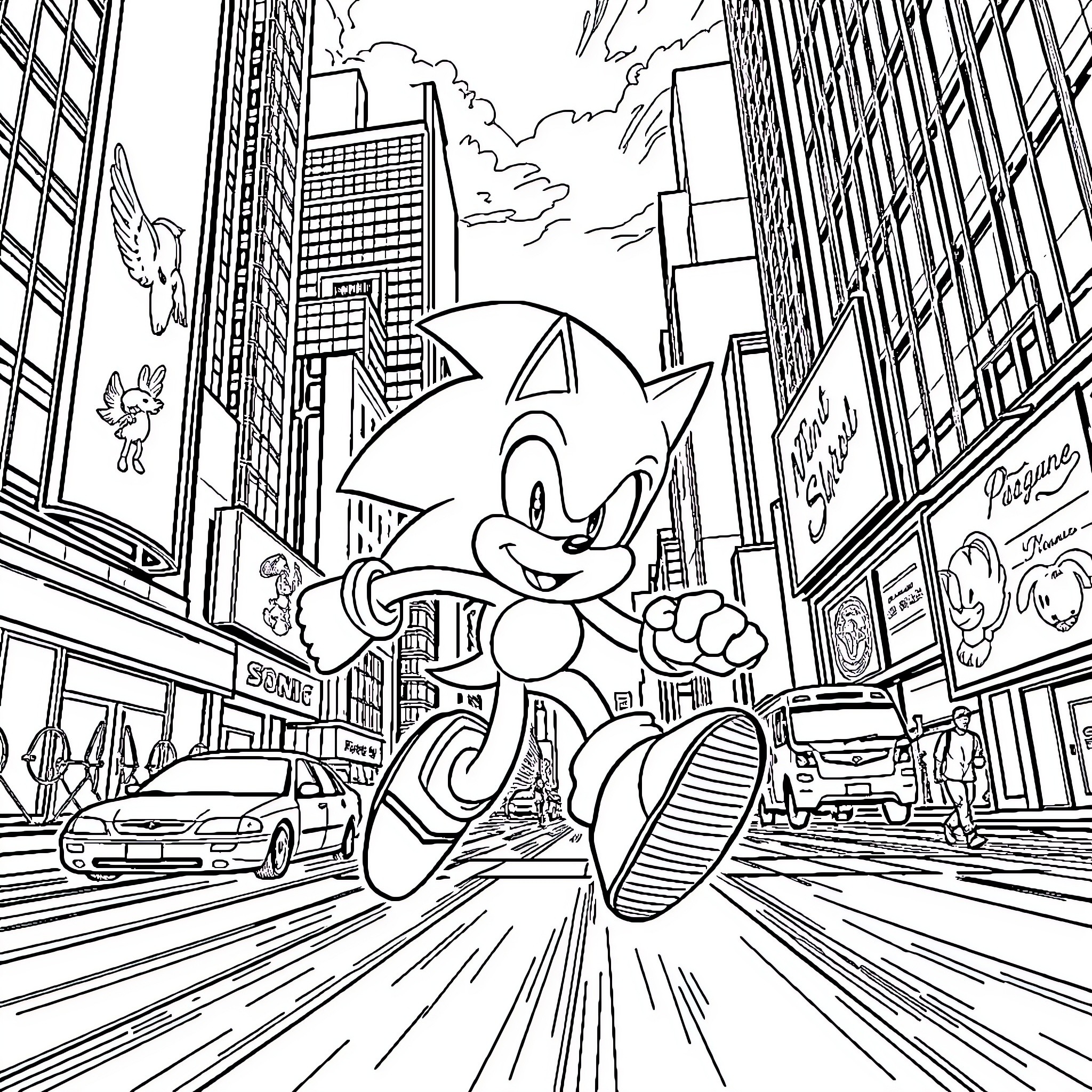 Sonic's Thrilling Adventure in the City Coloring Page (free black-and-white line drawing printable PDF for all, from beginners to advanced learners, including children, teens, adults, and seniors)