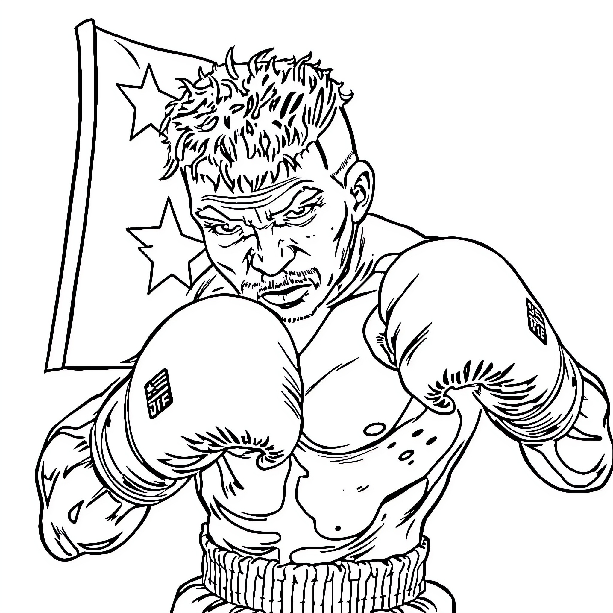 Boxeador ready to fight with determination Coloring Page (free black-and-white line drawing printable PDF for all, from beginners to advanced learners, including children, teens, adults, and seniors)