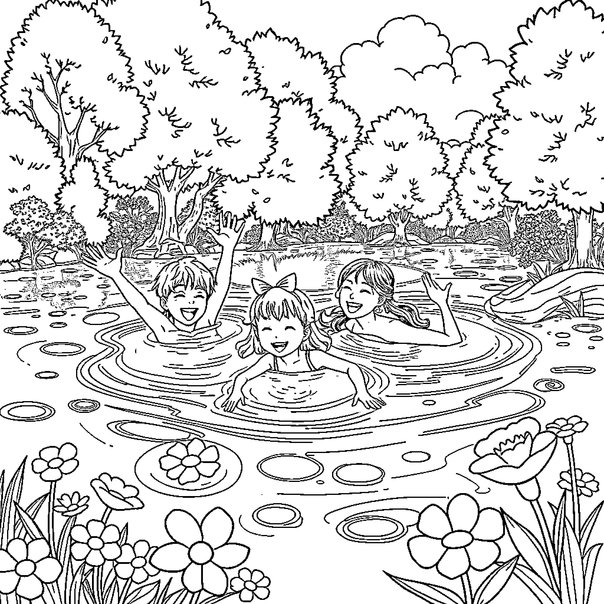 K-Pop Character Enjoying Nature Scenery in the Pond Coloring Page (free black-and-white line drawing printable PDF for all, from beginners to advanced learners, including children, teens, adults, and seniors)