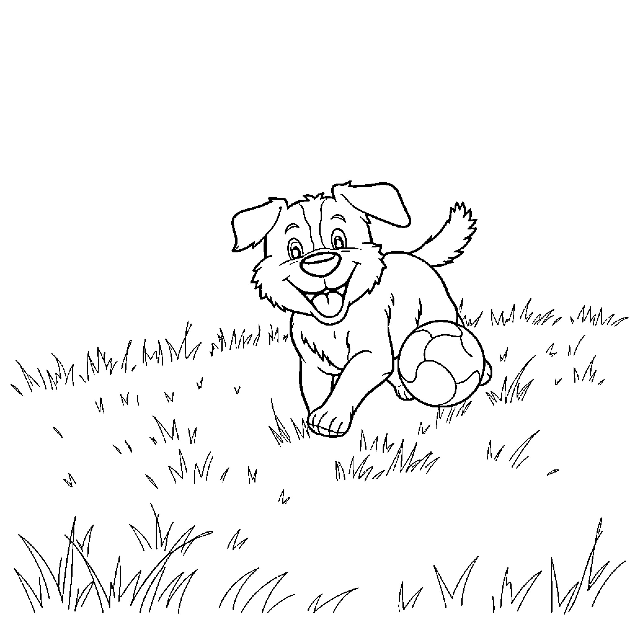 Dog playing happily in the field Coloring Page (free black-and-white line drawing printable PDF for all, from beginners to advanced learners, including children, teens, adults, and seniors)