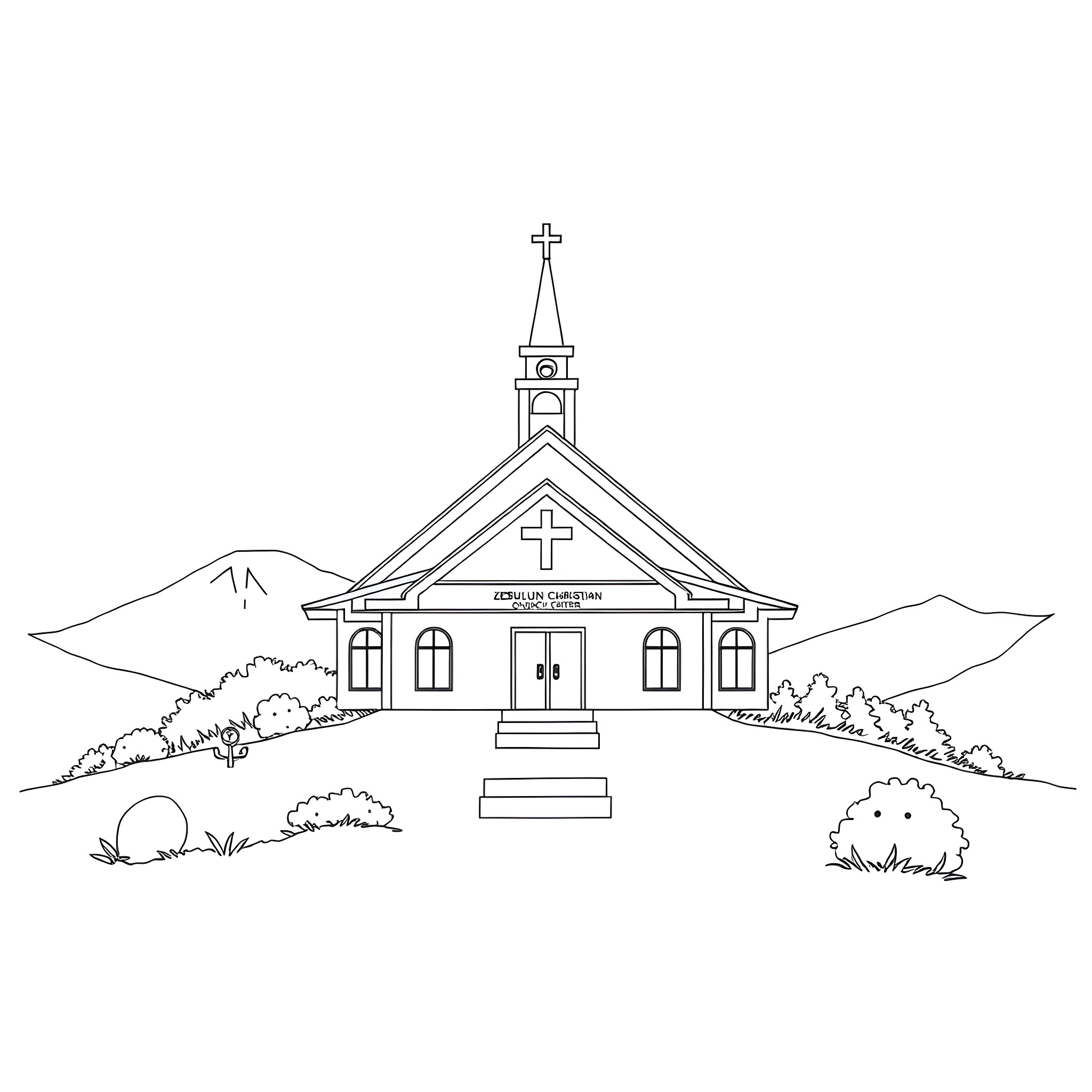 Christian Church in Scenic Mountain Landscape Coloring Page (free black-and-white line drawing printable PDF for all, from beginners to advanced learners, including children, teens, adults, and seniors)