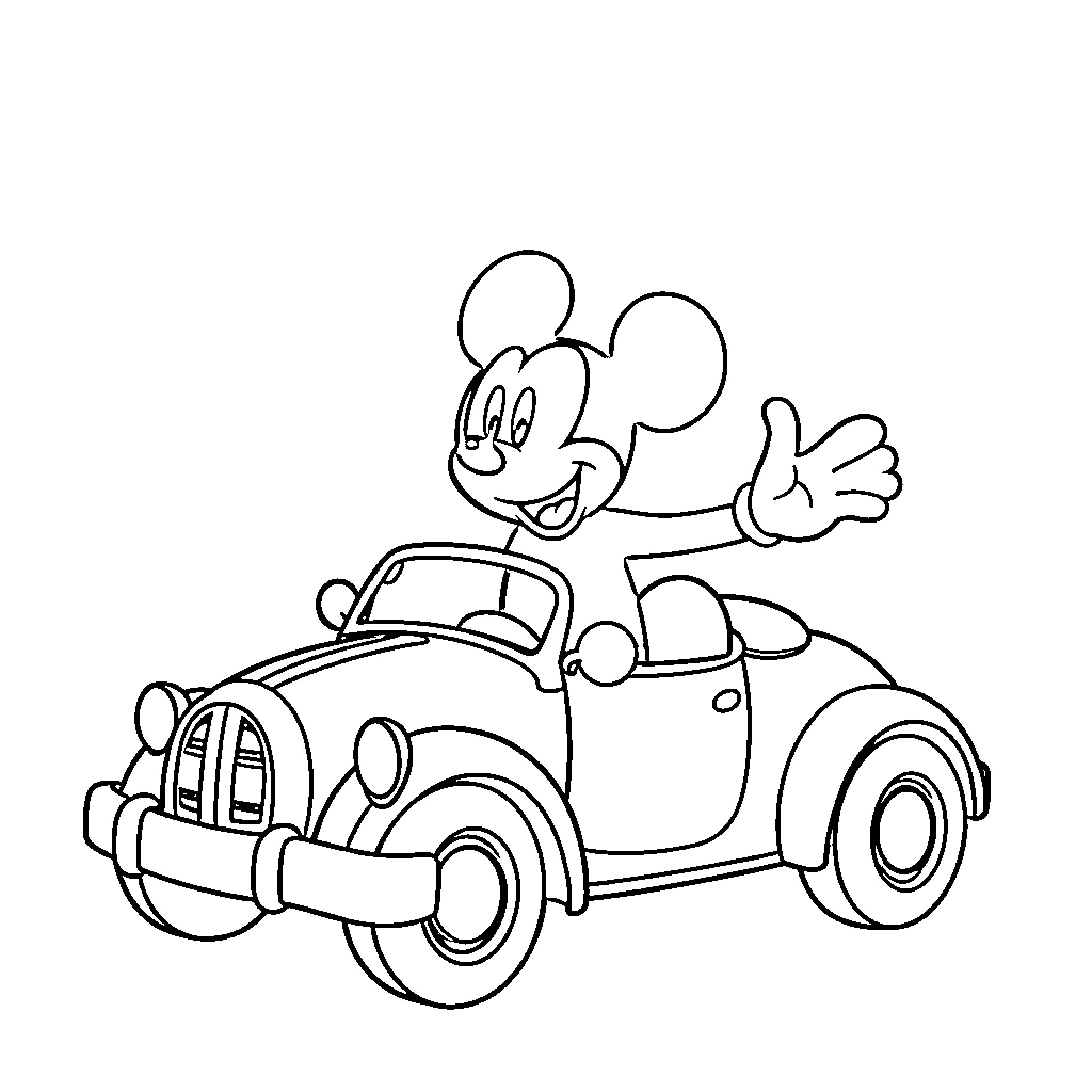 Mickey Mouse driving a vintage car Coloring Page (free black-and-white line drawing printable PDF for all, from beginners to advanced learners, including children, teens, adults, and seniors)
