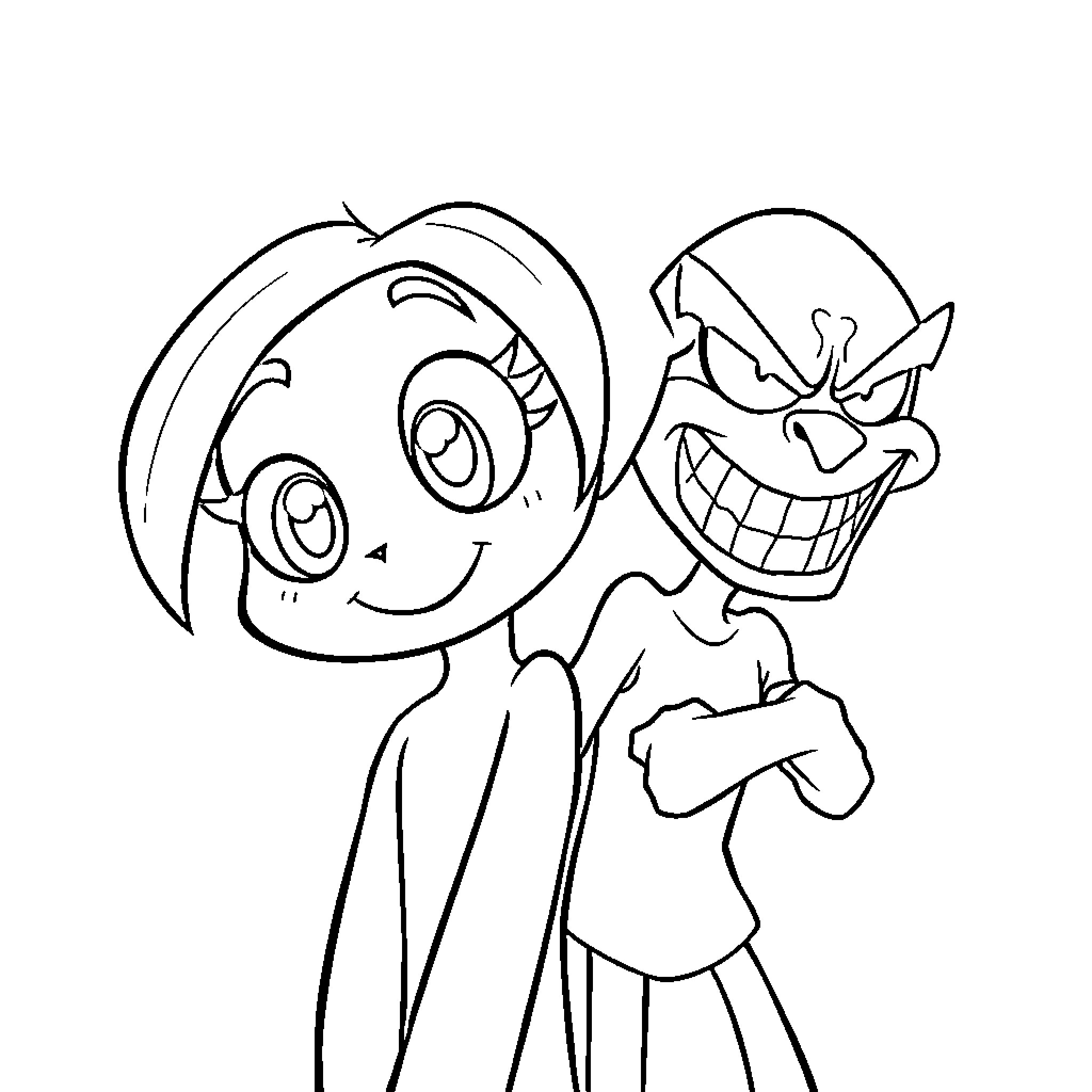 Derpy characters with wacky expressions and poses Coloring Page (free black-and-white line drawing printable PDF for all, from beginners to advanced learners, including children, teens, adults, and seniors)