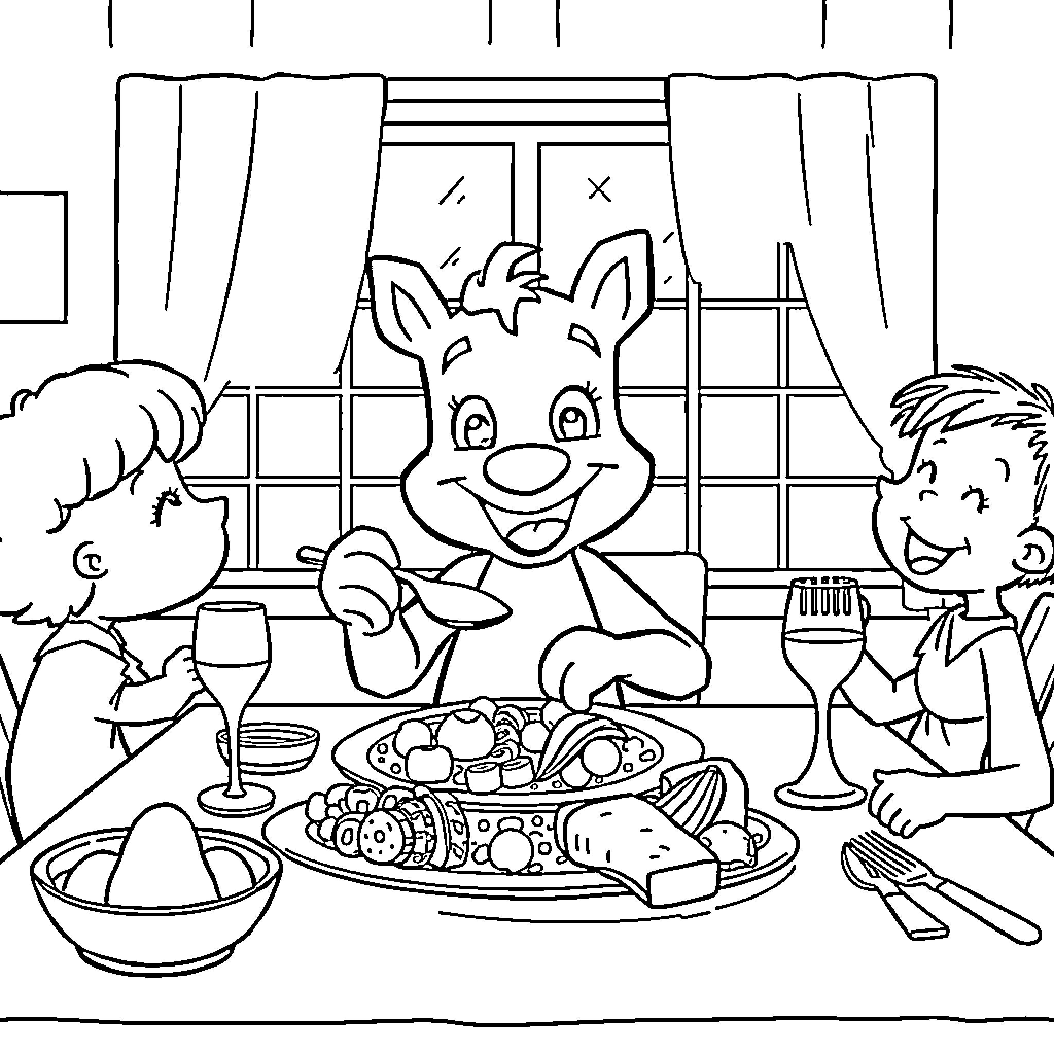 Bluey's Dinner Party with Friends Coloring Page (free black-and-white line drawing printable PDF for all, from beginners to advanced learners, including children, teens, adults, and seniors)
