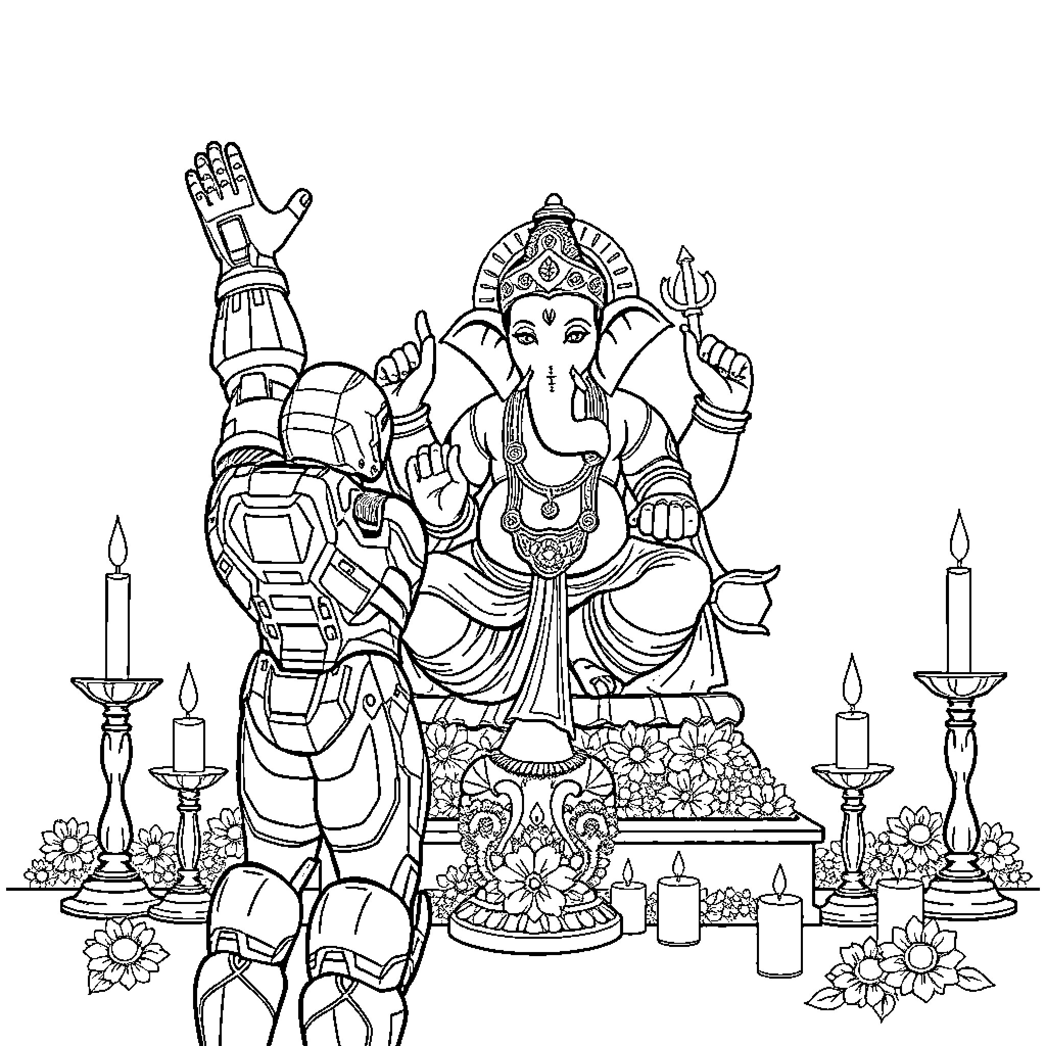 Ironman protects the Hindu deity Ganesha from harm Coloring Page (free black-and-white line drawing printable PDF for all, from beginners to advanced learners, including children, teens, adults, and seniors)
