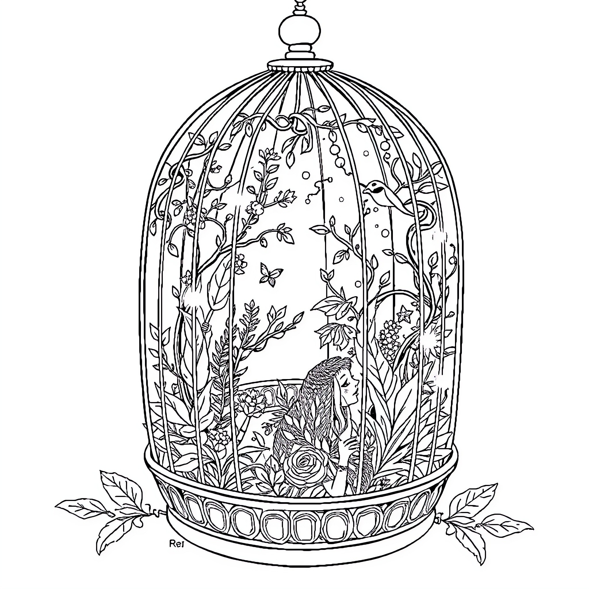Fairy Enchanted Garden in Bird Cage Coloring Page (free black-and-white line drawing printable PDF for all, from beginners to advanced learners, including children, teens, adults, and seniors)