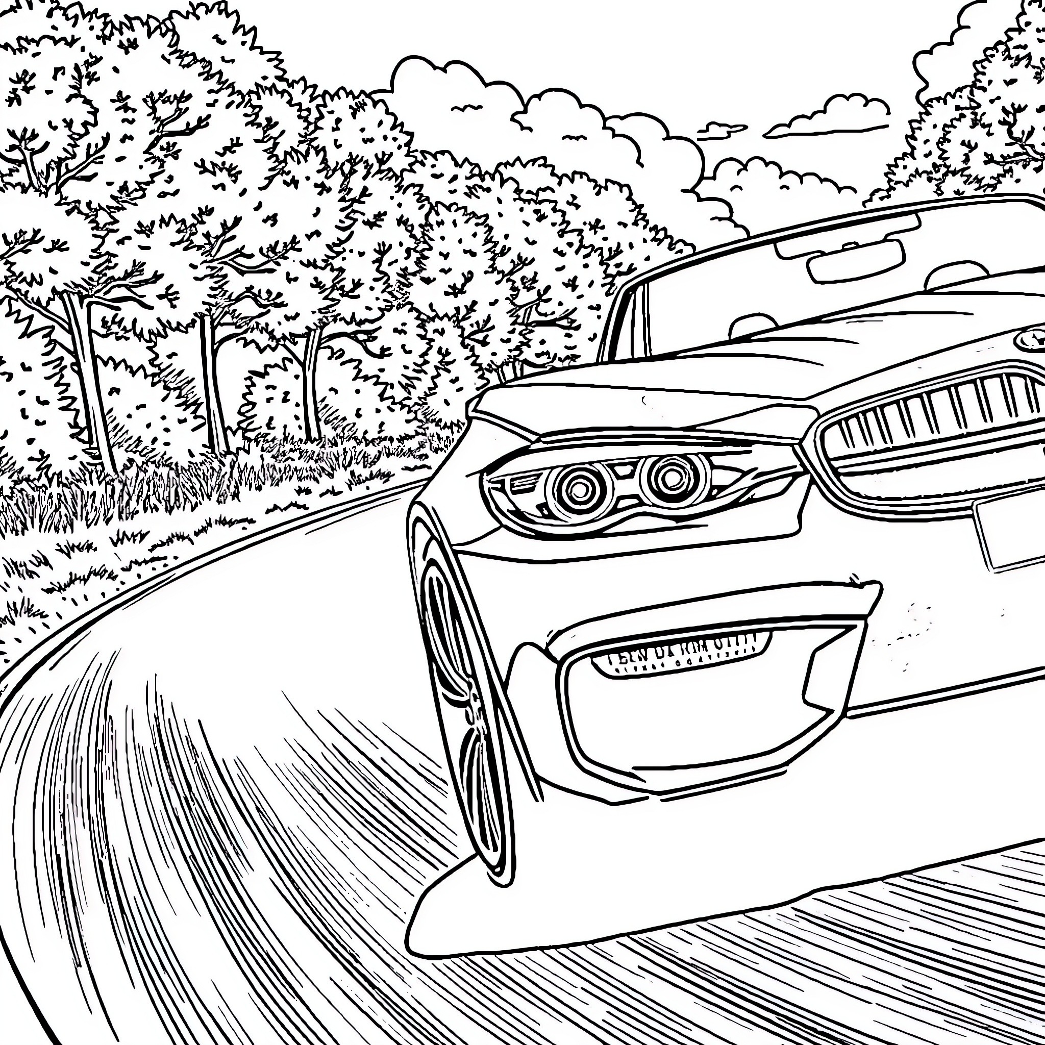 BMW speeding down a winding road in the forest Coloring Page (free black-and-white line drawing printable PDF for all, from beginners to advanced learners, including children, teens, adults, and seniors)