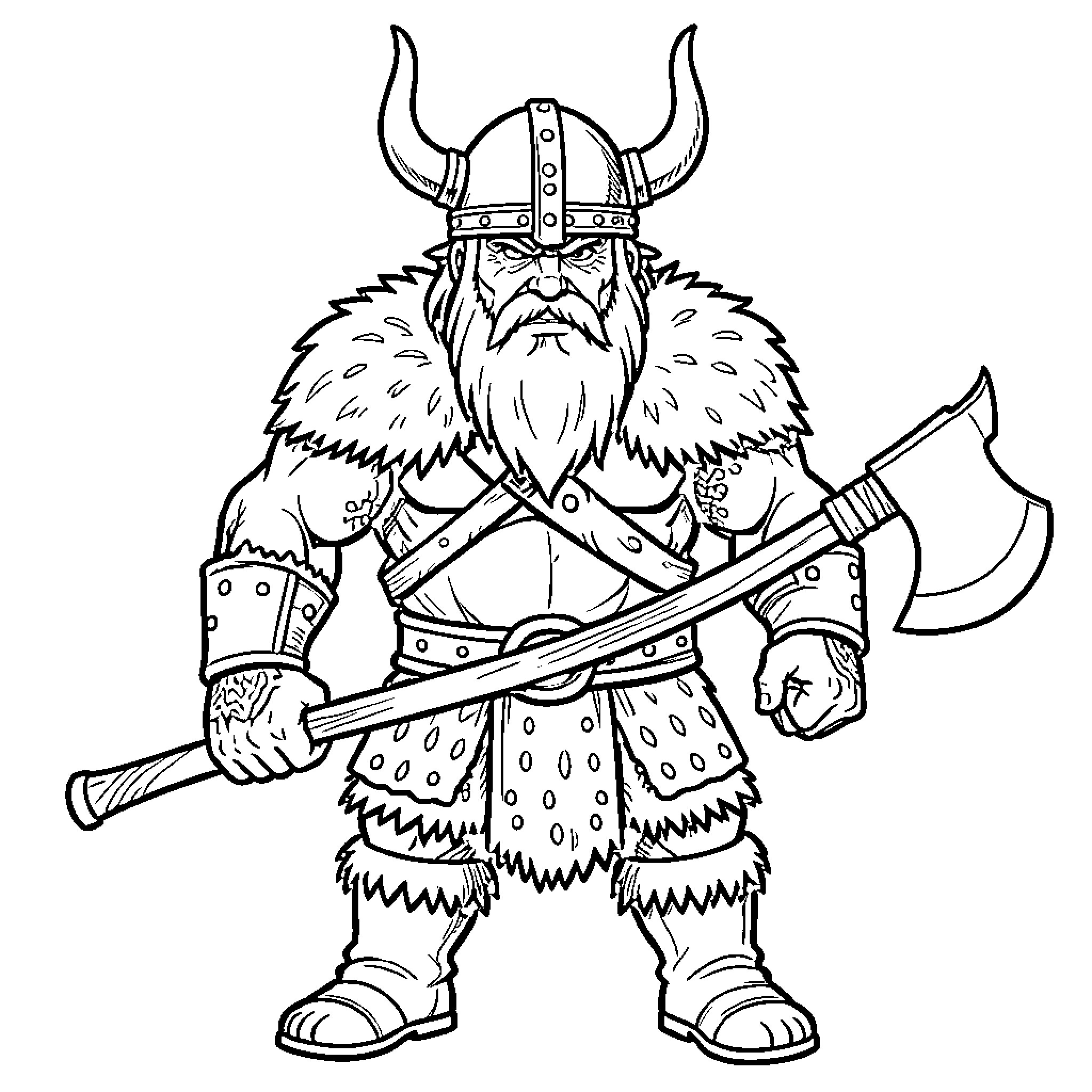 Viking Warrior with Furry Armor and Axe Coloring Page (free black-and-white line drawing printable PDF for all, from beginners to advanced learners, including children, teens, adults, and seniors)