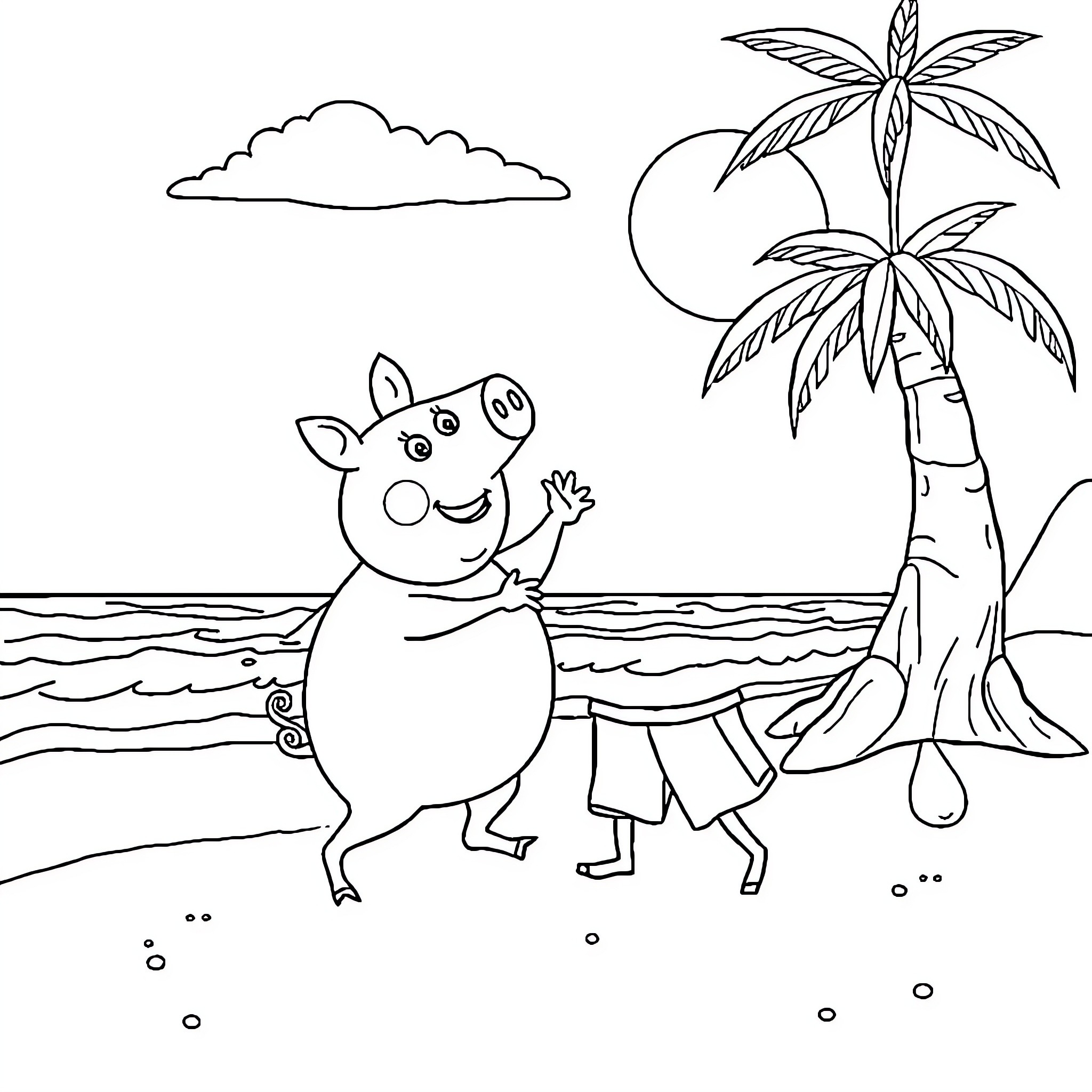 George Pig playing happily on the beach Coloring Page (free black-and-white line drawing printable PDF for all, from beginners to advanced learners, including children, teens, adults, and seniors)