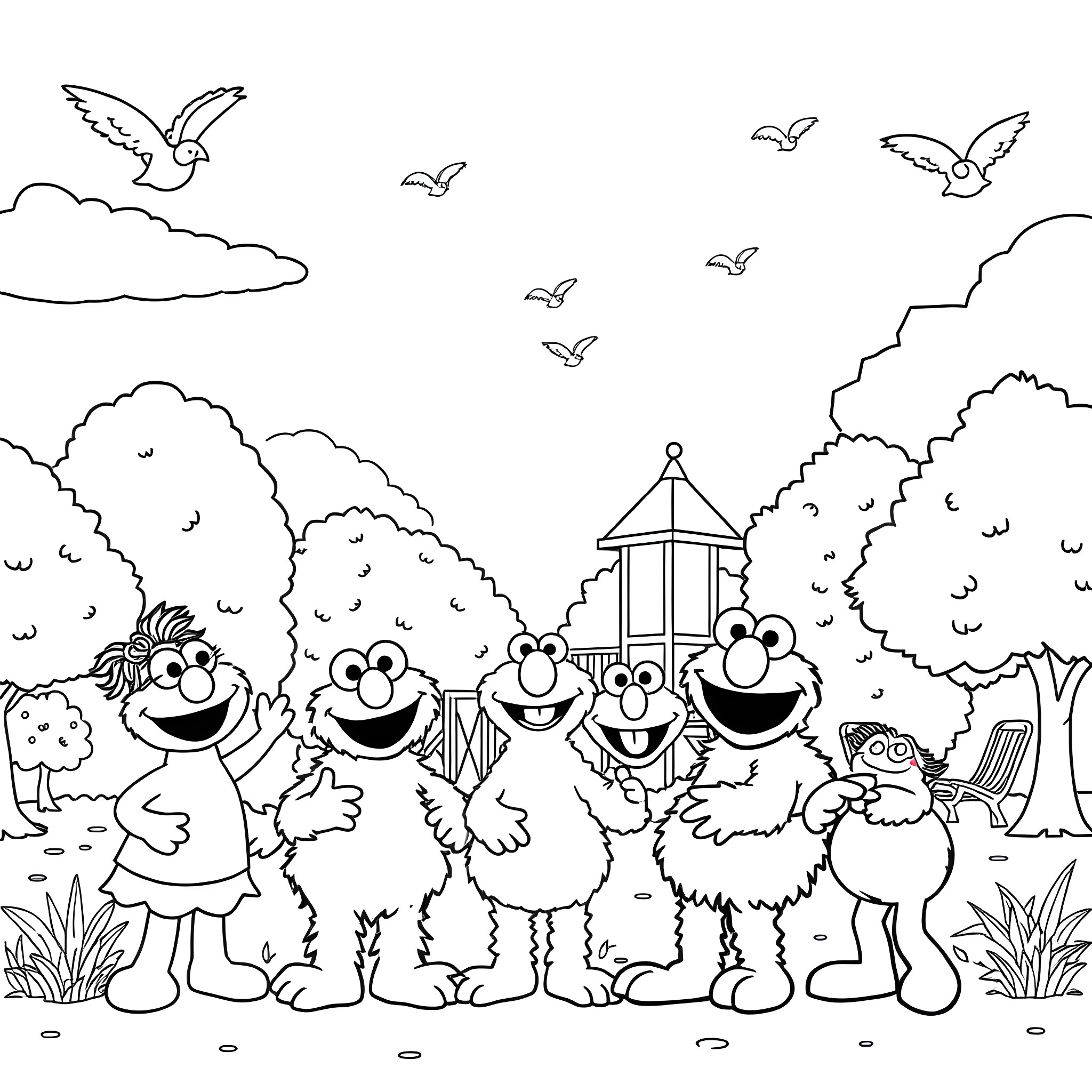Sesame Street Characters Enjoying Outdoor Activities Coloring Page (free black-and-white line drawing printable PDF for all, from beginners to advanced learners, including children, teens, adults, and seniors)