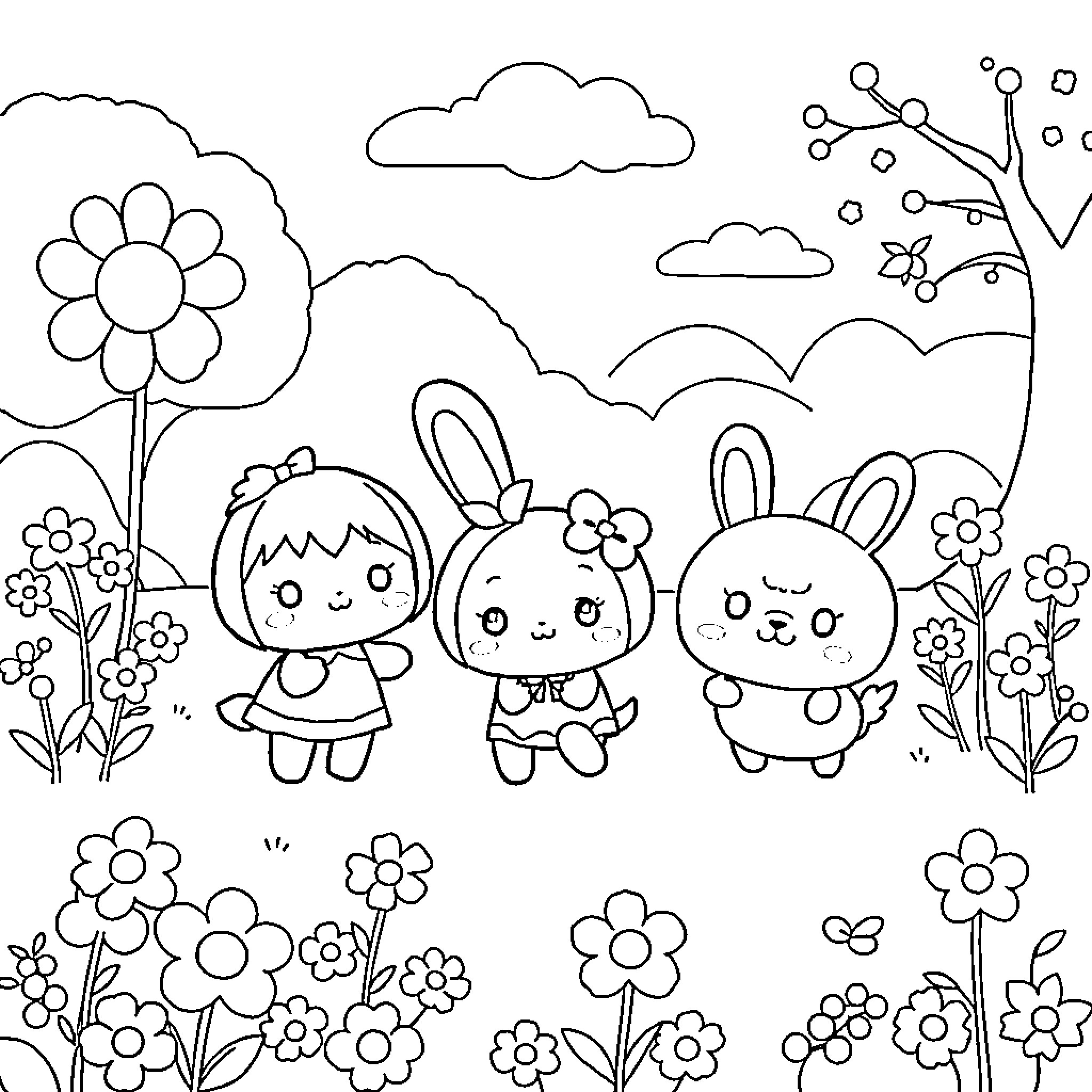 Kuromi and friends enjoying a playful garden scene Coloring Page (free black-and-white line drawing printable PDF for all, from beginners to advanced learners, including children, teens, adults, and seniors)
