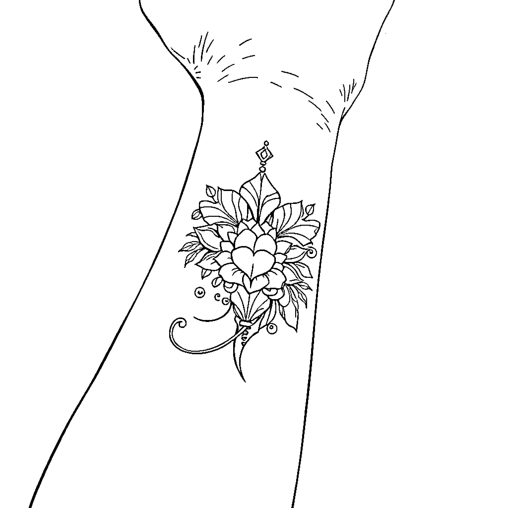 Tattoo of a detailed floral design Coloring Page (free black-and-white line drawing printable PDF for all, from beginners to advanced learners, including children, teens, adults, and seniors)