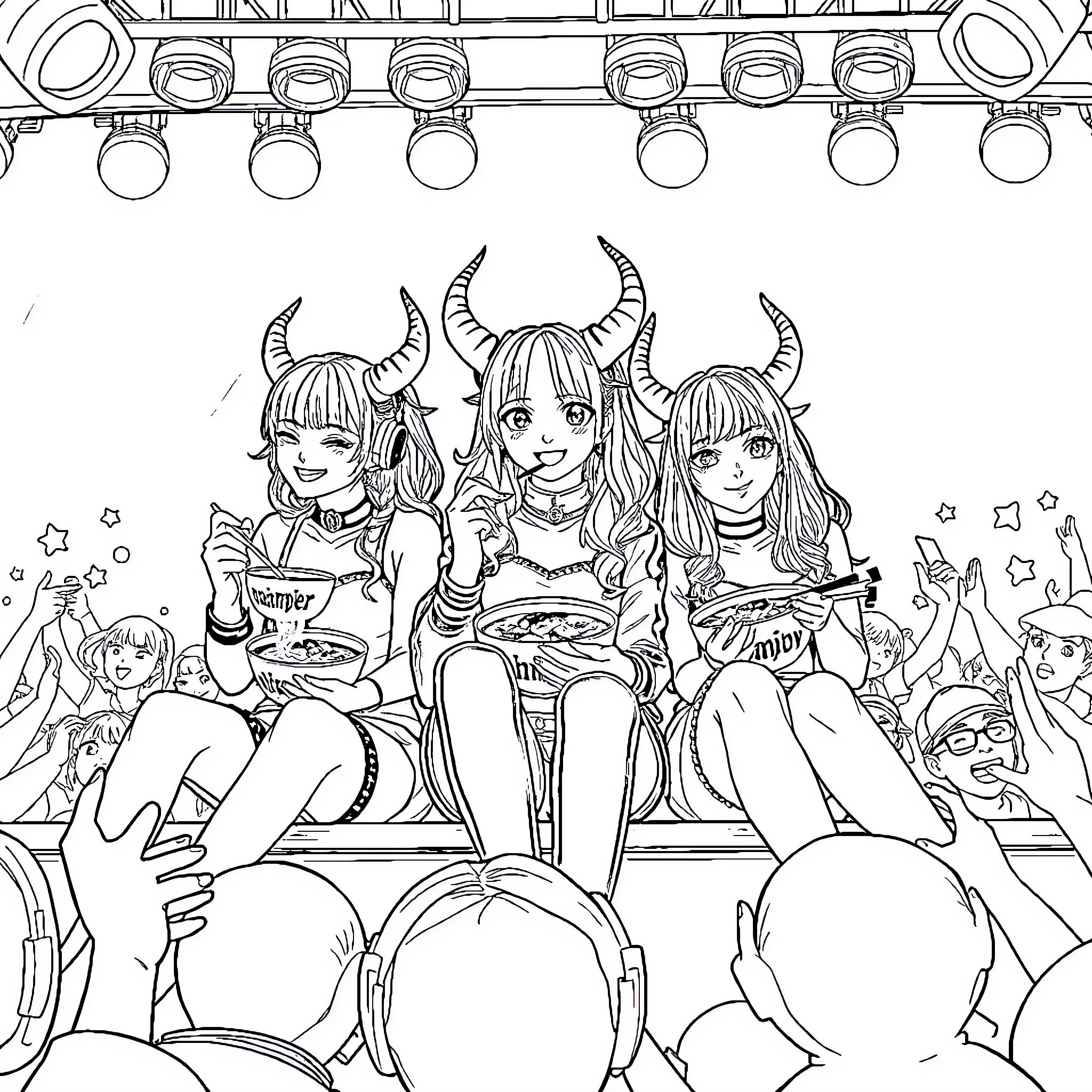Demon Hunter Girls Rocking Out on Stage Coloring Page (free black-and-white line drawing printable PDF for all, from beginners to advanced learners, including children, teens, adults, and seniors)
