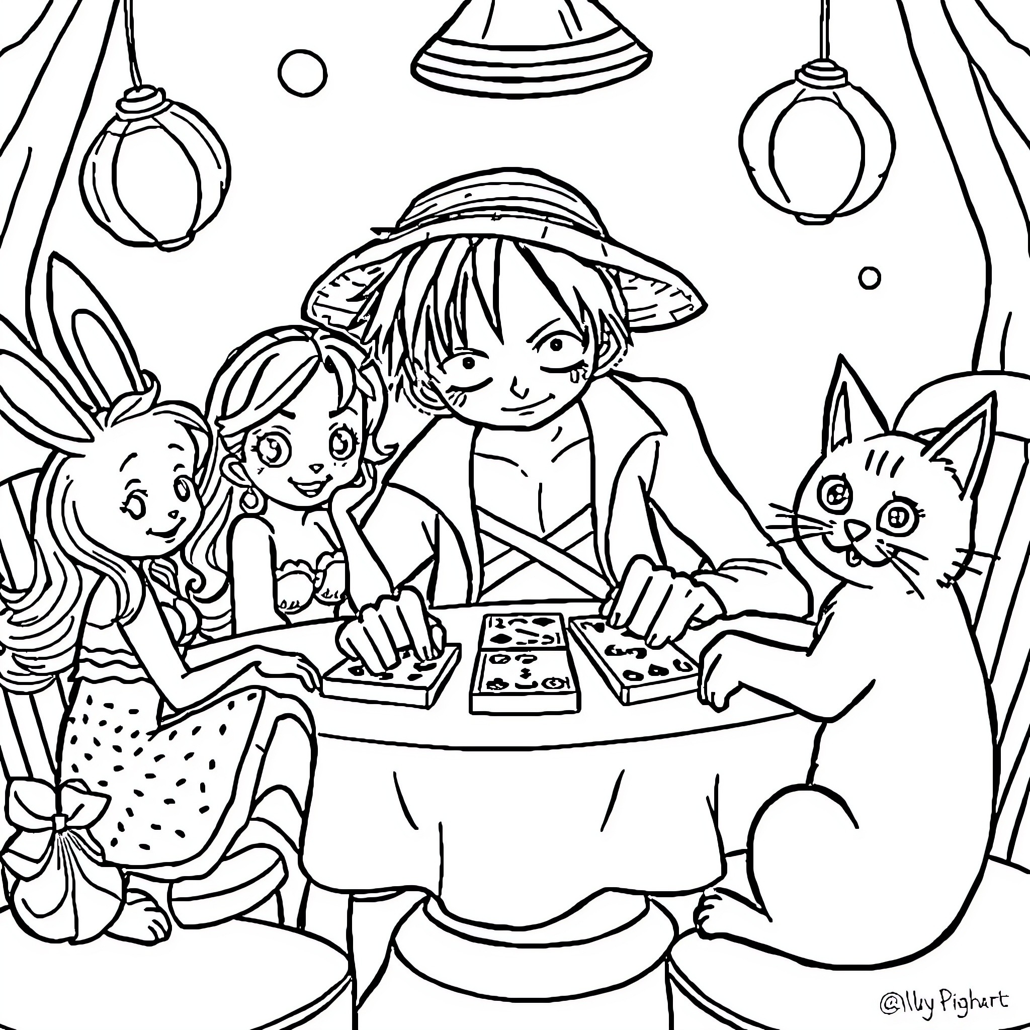 Monkey D Luffy playing a board game with friends Coloring Page (free black-and-white line drawing printable PDF for all, from beginners to advanced learners, including children, teens, adults, and seniors)