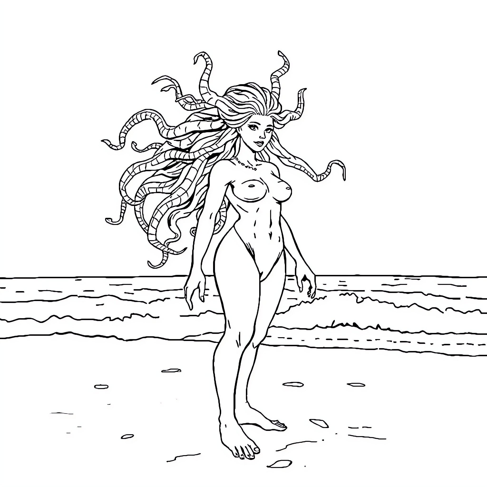 Medusa emerging from the sea with serpent hair Coloring Page (free black-and-white line drawing printable PDF for all, from beginners to advanced learners, including children, teens, adults, and seniors)