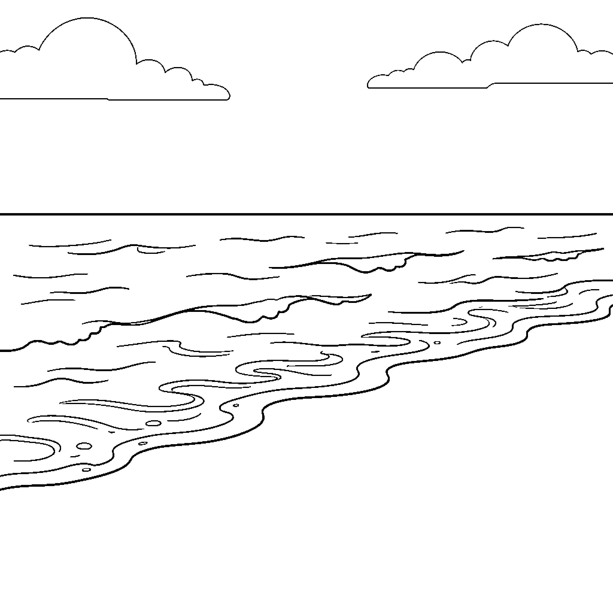 Beach with serene ocean waves Coloring Page (free black-and-white line drawing printable PDF for all, from beginners to advanced learners, including children, teens, adults, and seniors)