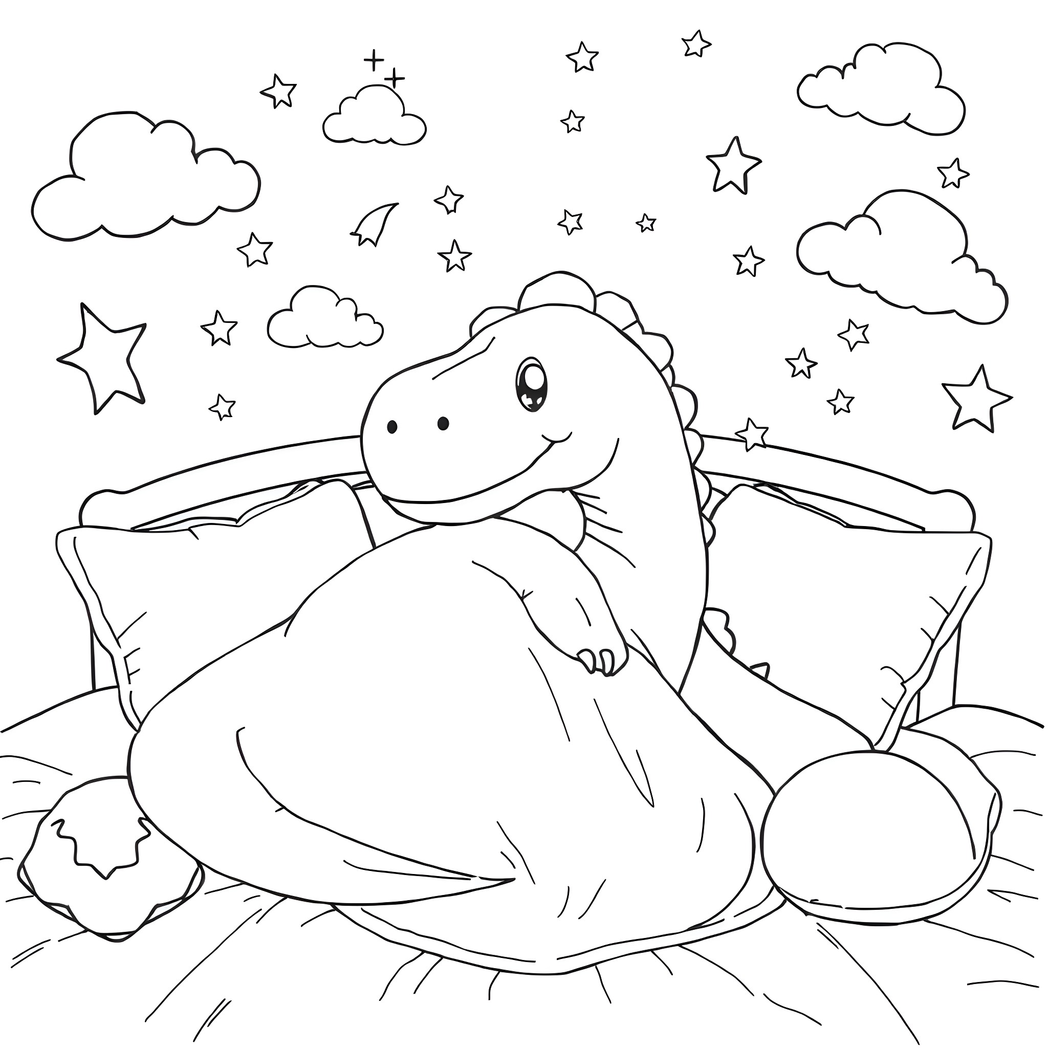 Dinosaur lounging under the starry night sky Coloring Page (free black-and-white line drawing printable PDF for all, from beginners to advanced learners, including children, teens, adults, and seniors)