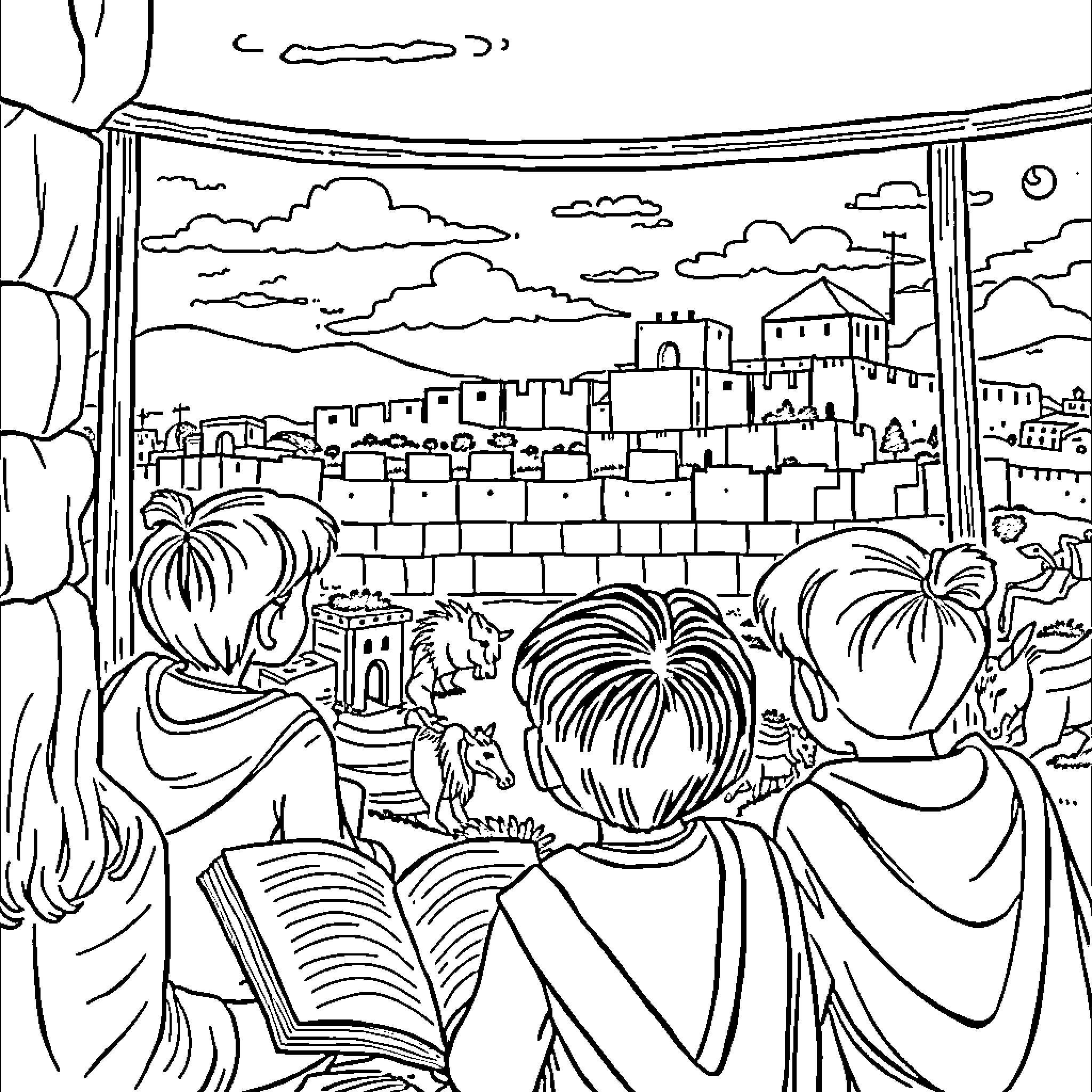 Kids exploring historical city through window Coloring Page (free black-and-white line drawing printable PDF for all, from beginners to advanced learners, including children, teens, adults, and seniors)
