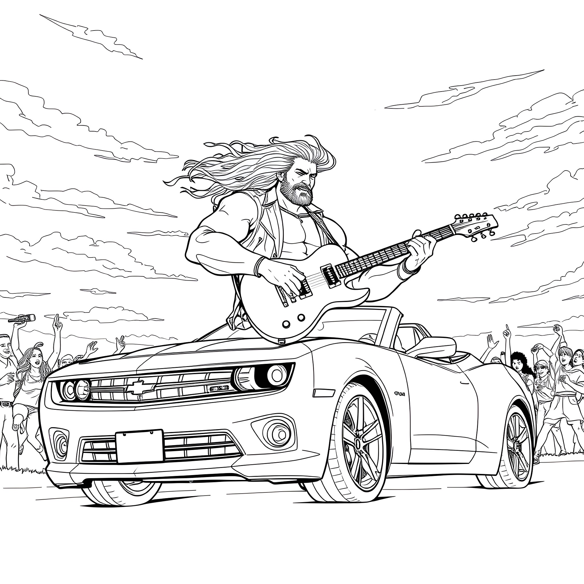 Speaker playing guitar on car at outdoor event Coloring Page (free black-and-white line drawing printable PDF for all, from beginners to advanced learners, including children, teens, adults, and seniors)
