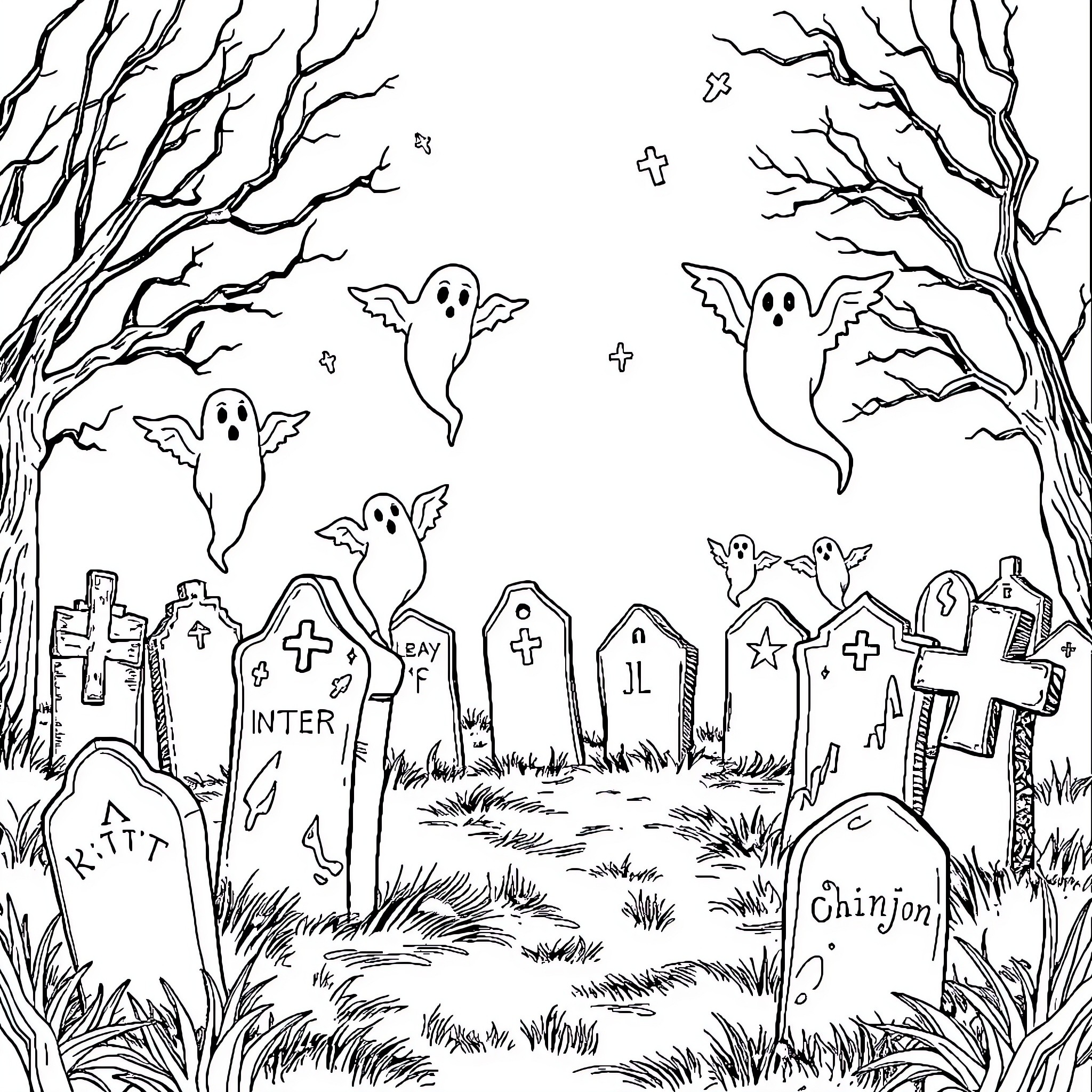 Ghost Apparitions in a Haunted Graveyard Coloring Page (free black-and-white line drawing printable PDF for all, from beginners to advanced learners, including children, teens, adults, and seniors)