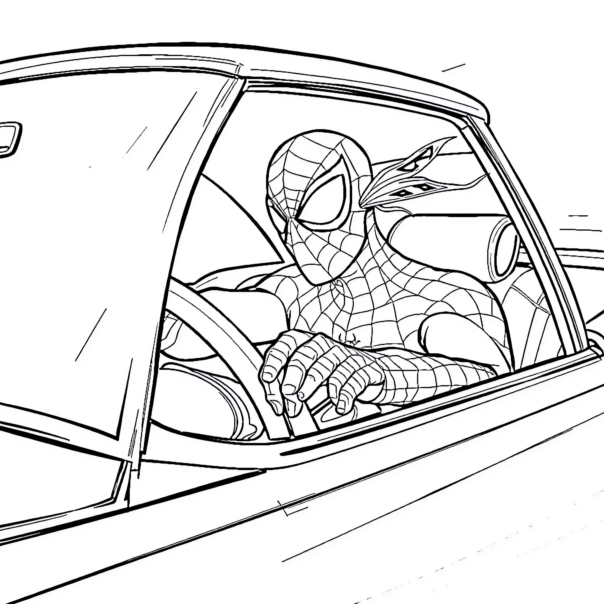 Spider-Man swinging through the city in his iconic costume Coloring Page (free black-and-white line drawing printable PDF for all, from beginners to advanced learners, including children, teens, adults, and seniors)