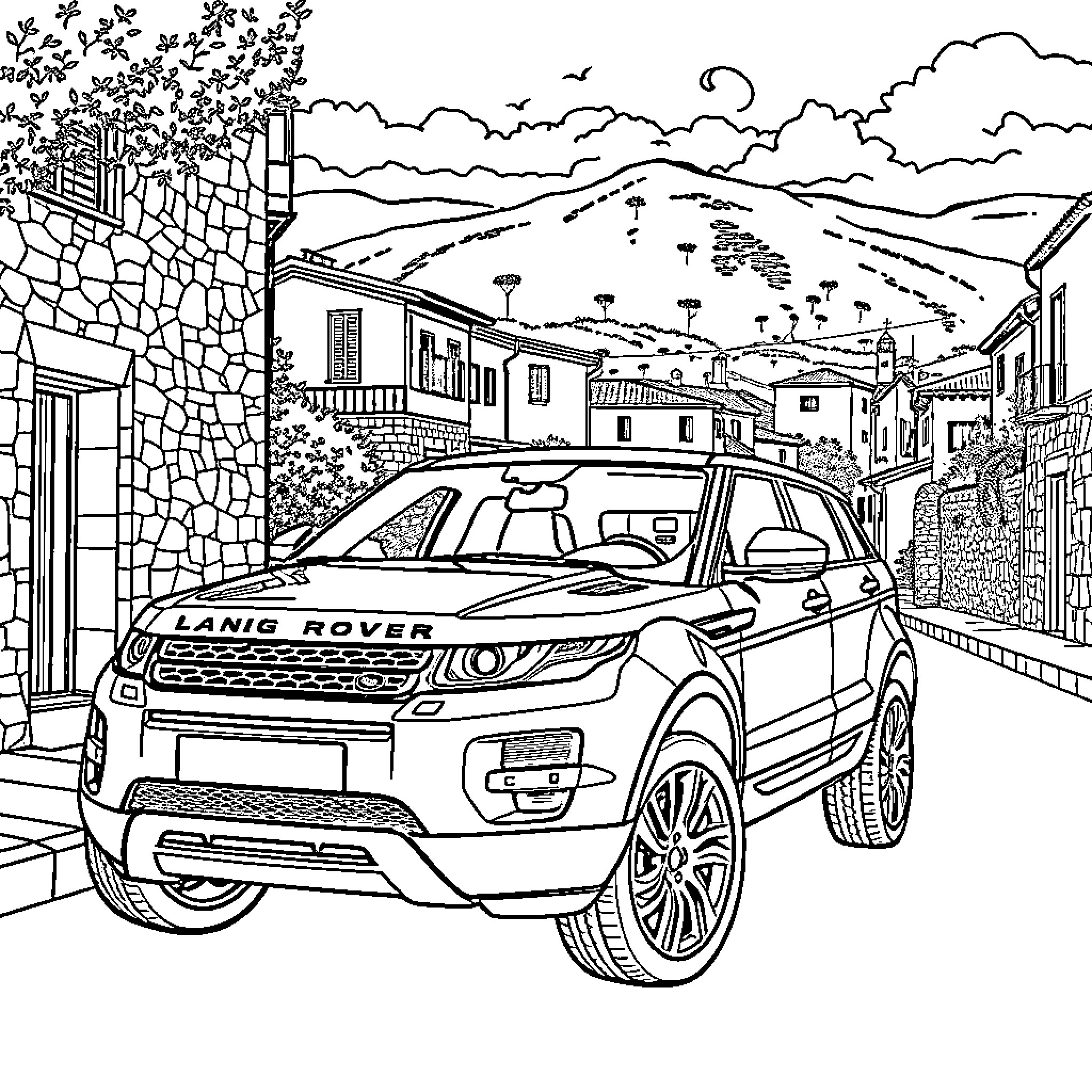 Land Rover exploring charming rural town Coloring Page (free black-and-white line drawing printable PDF for all, from beginners to advanced learners, including children, teens, adults, and seniors)