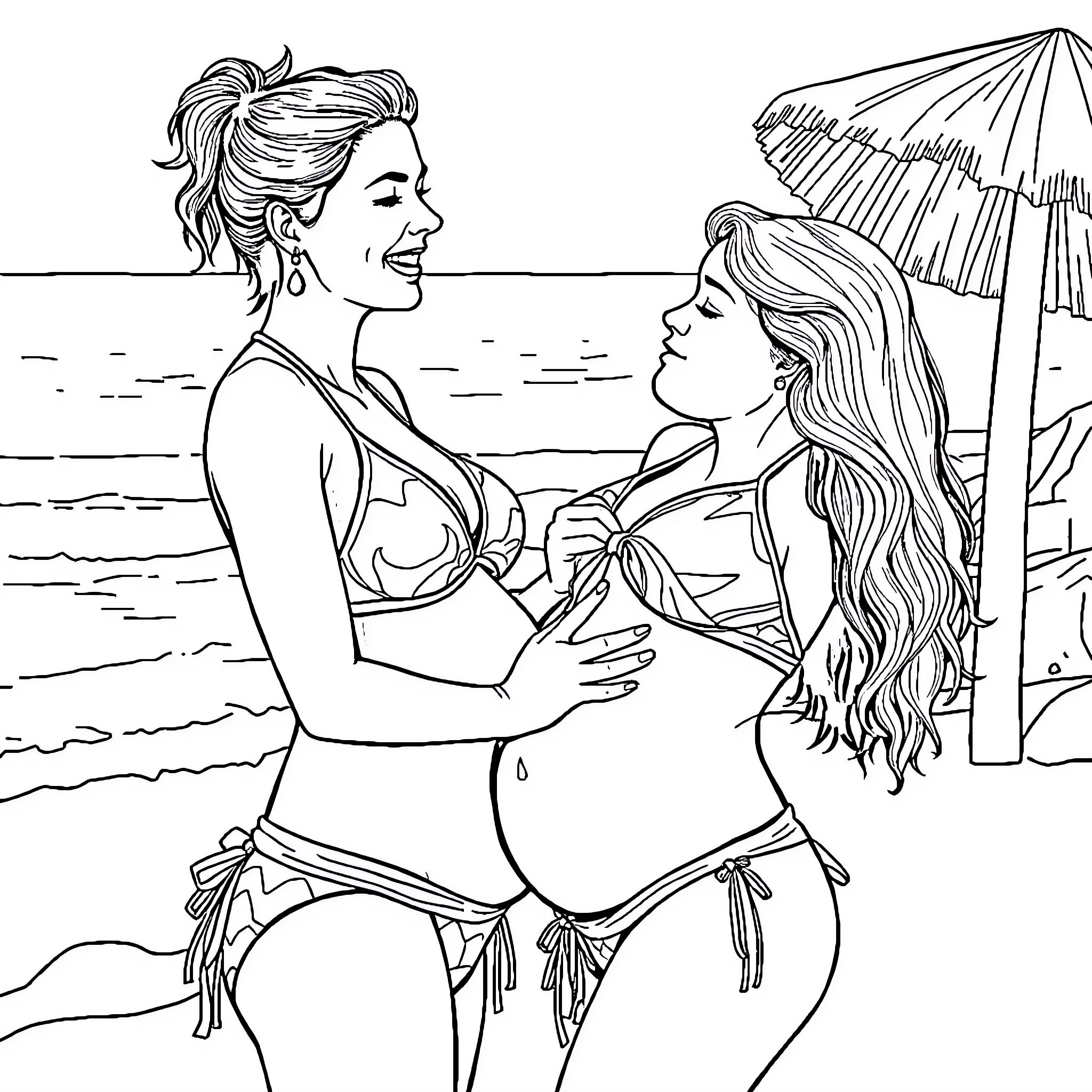 Mom and daughter bonding at the beach Coloring Page (free black-and-white line drawing printable PDF for all, from beginners to advanced learners, including children, teens, adults, and seniors)