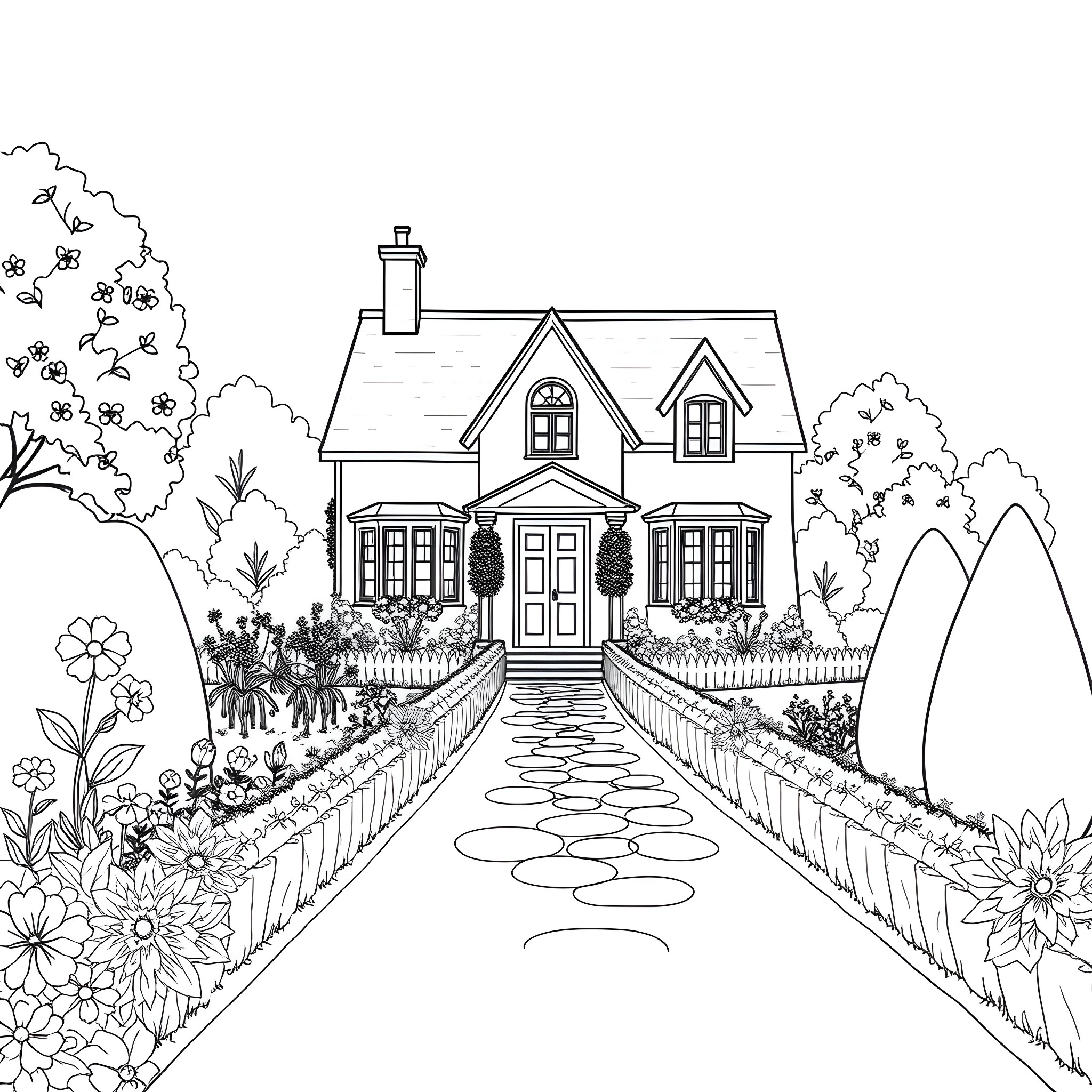 House with a blooming garden and nature scenery Coloring Page (free black-and-white line drawing printable PDF for all, from beginners to advanced learners, including children, teens, adults, and seniors)