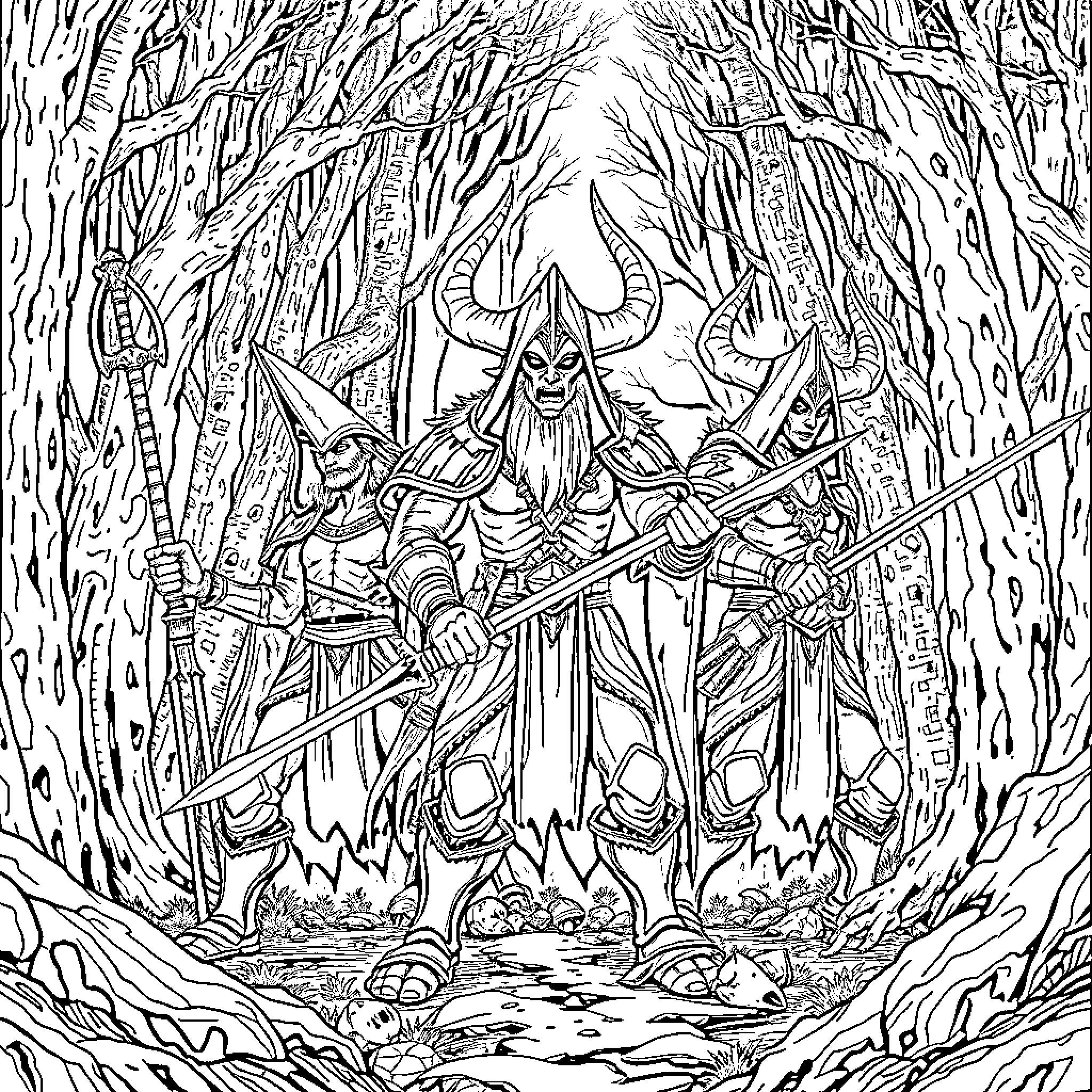 Demon Hunter leading a fierce warrior charge in the forest Coloring Page (free black-and-white line drawing printable PDF for all, from beginners to advanced learners, including children, teens, adults, and seniors)
