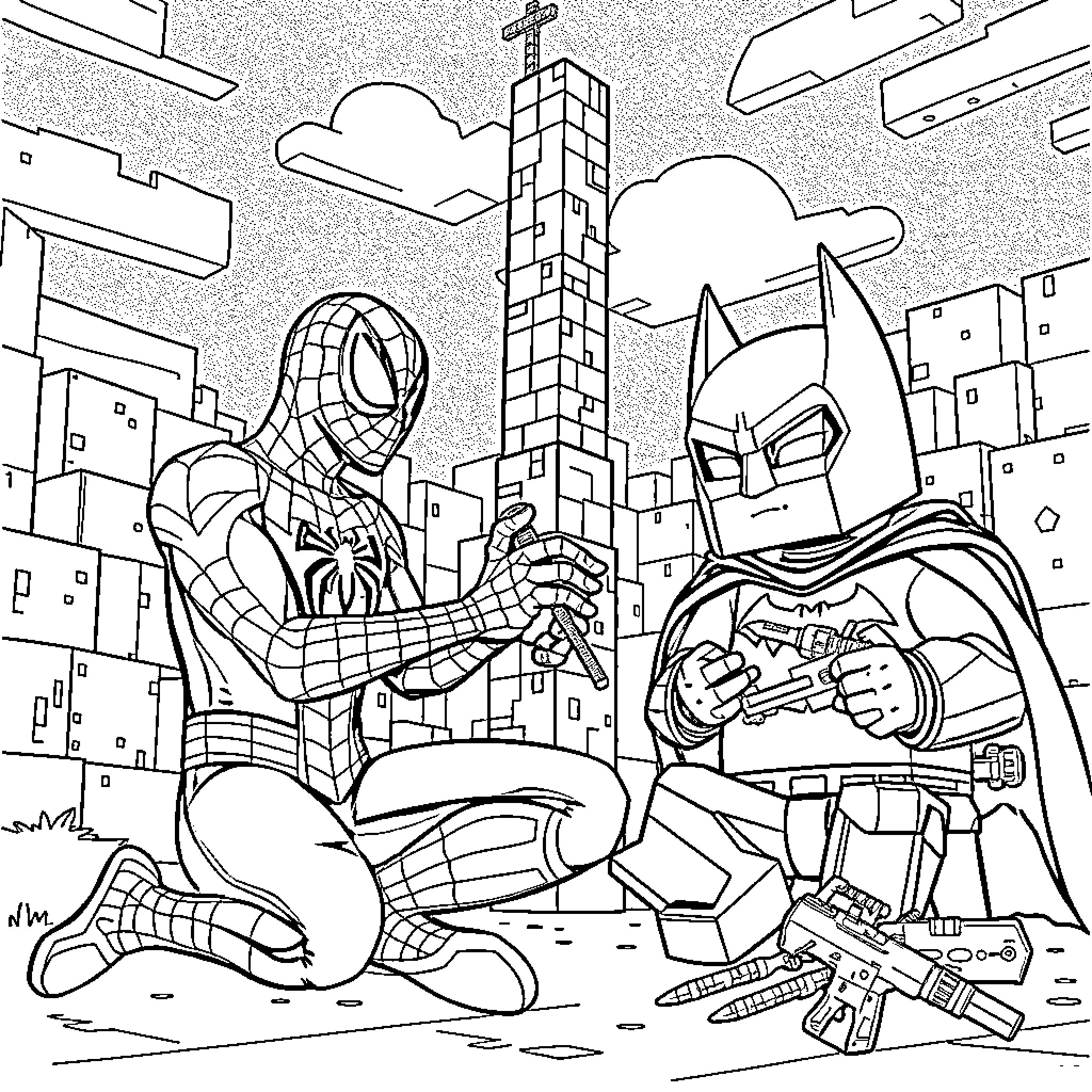 Spiderman and Batman Battling in the City Coloring Page (free black-and-white line drawing printable PDF for all, from beginners to advanced learners, including children, teens, adults, and seniors)