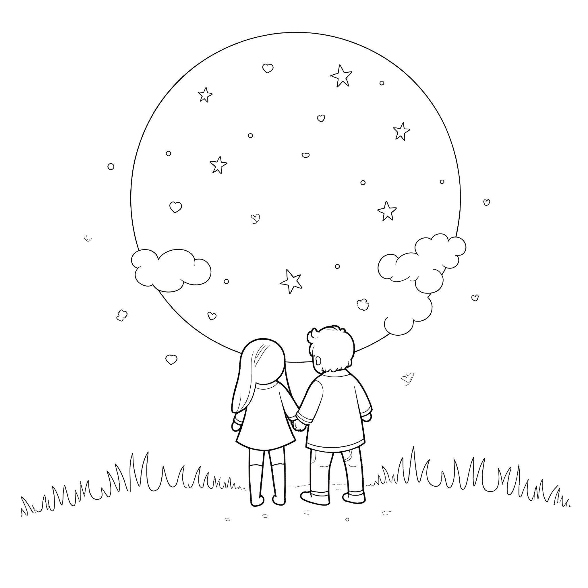 Love Under the Starry Night Sky Coloring Page (free black-and-white line drawing printable PDF for all, from beginners to advanced learners, including children, teens, adults, and seniors)