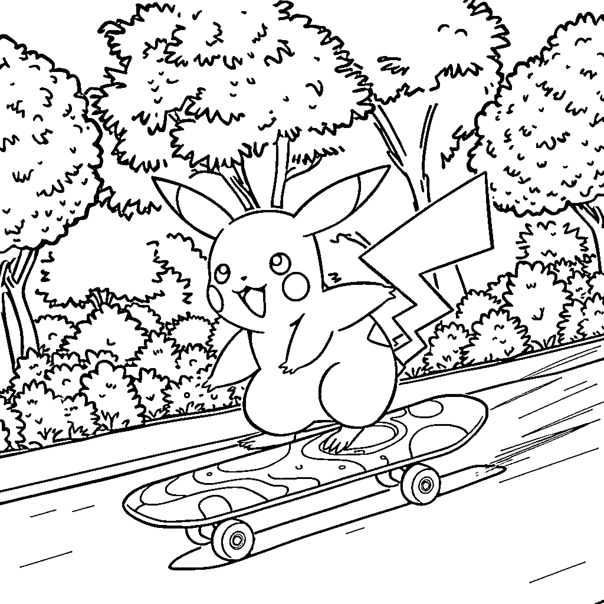 Pikachu skateboarding in the forest Coloring Page (free black-and-white line drawing printable PDF for all, from beginners to advanced learners, including children, teens, adults, and seniors)