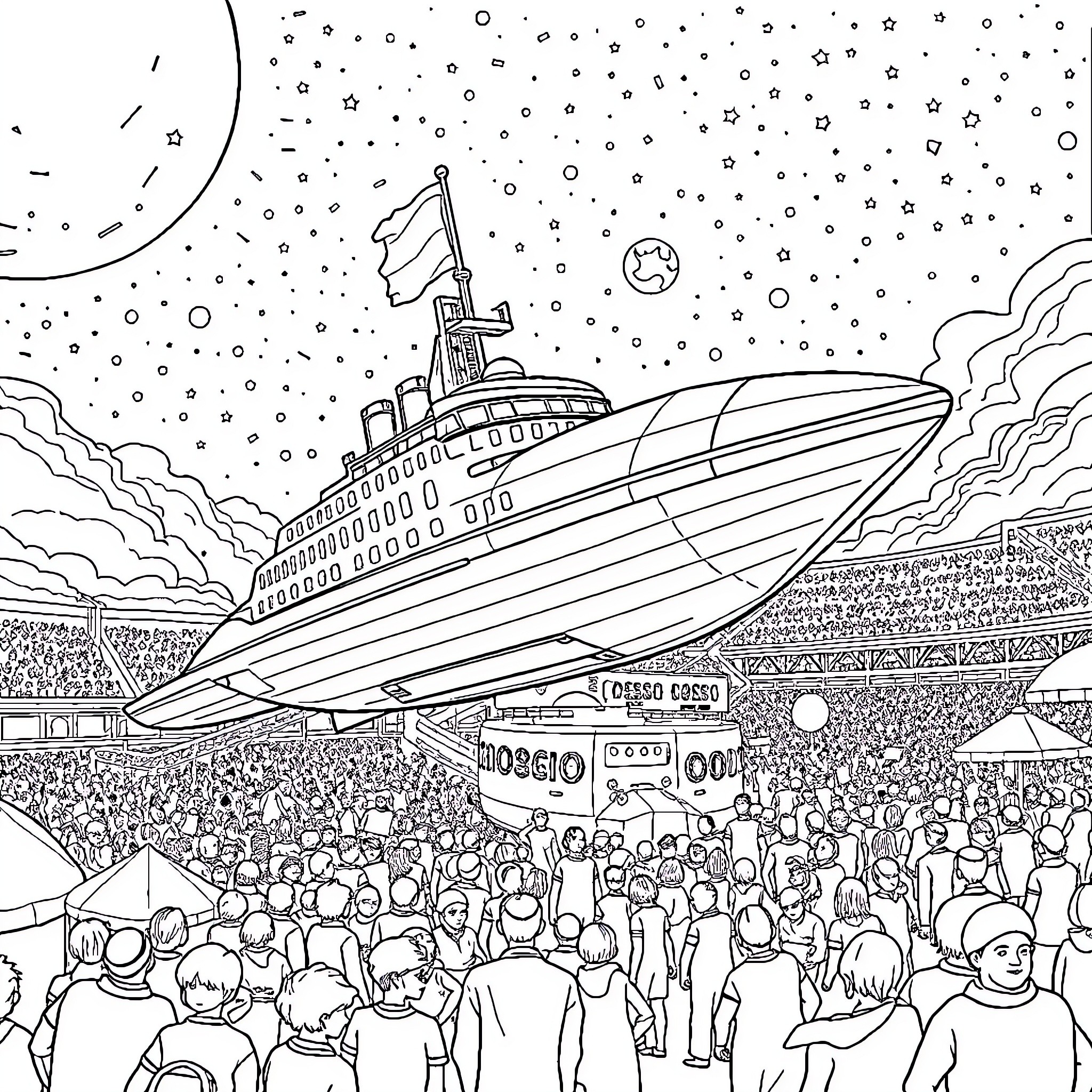 Spaceship launching amid cheering crowd Coloring Page (free black-and-white line drawing printable PDF for all, from beginners to advanced learners, including children, teens, adults, and seniors)