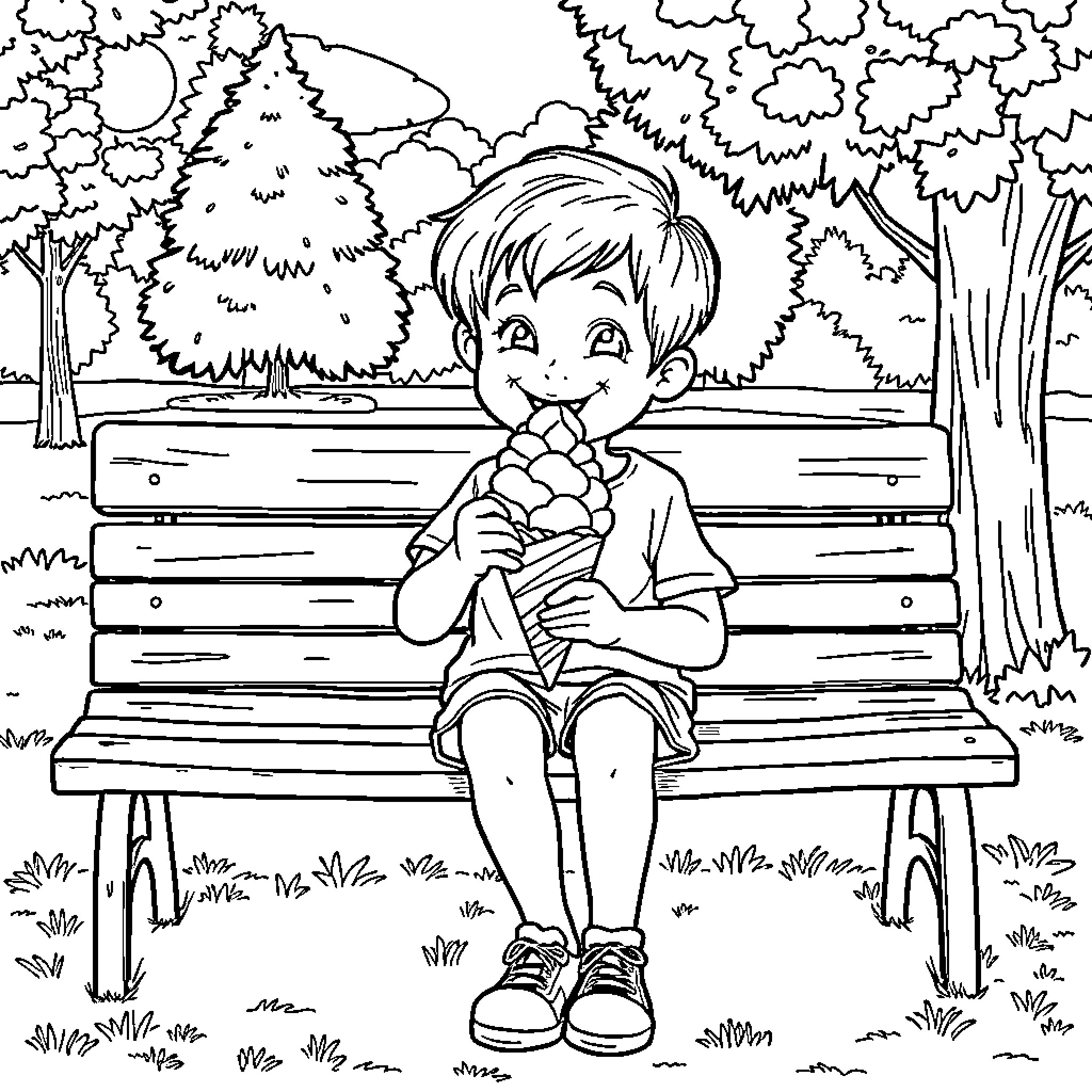 Kid enjoying an ice cream on a park bench Coloring Page (free black-and-white line drawing printable PDF for all, from beginners to advanced learners, including children, teens, adults, and seniors)