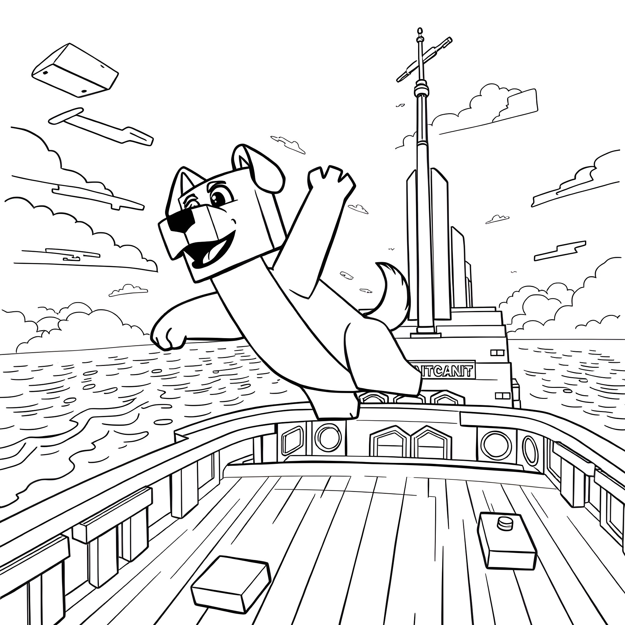 Dog joyfully running on a boat deck Coloring Page (free black-and-white line drawing printable PDF for all, from beginners to advanced learners, including children, teens, adults, and seniors)