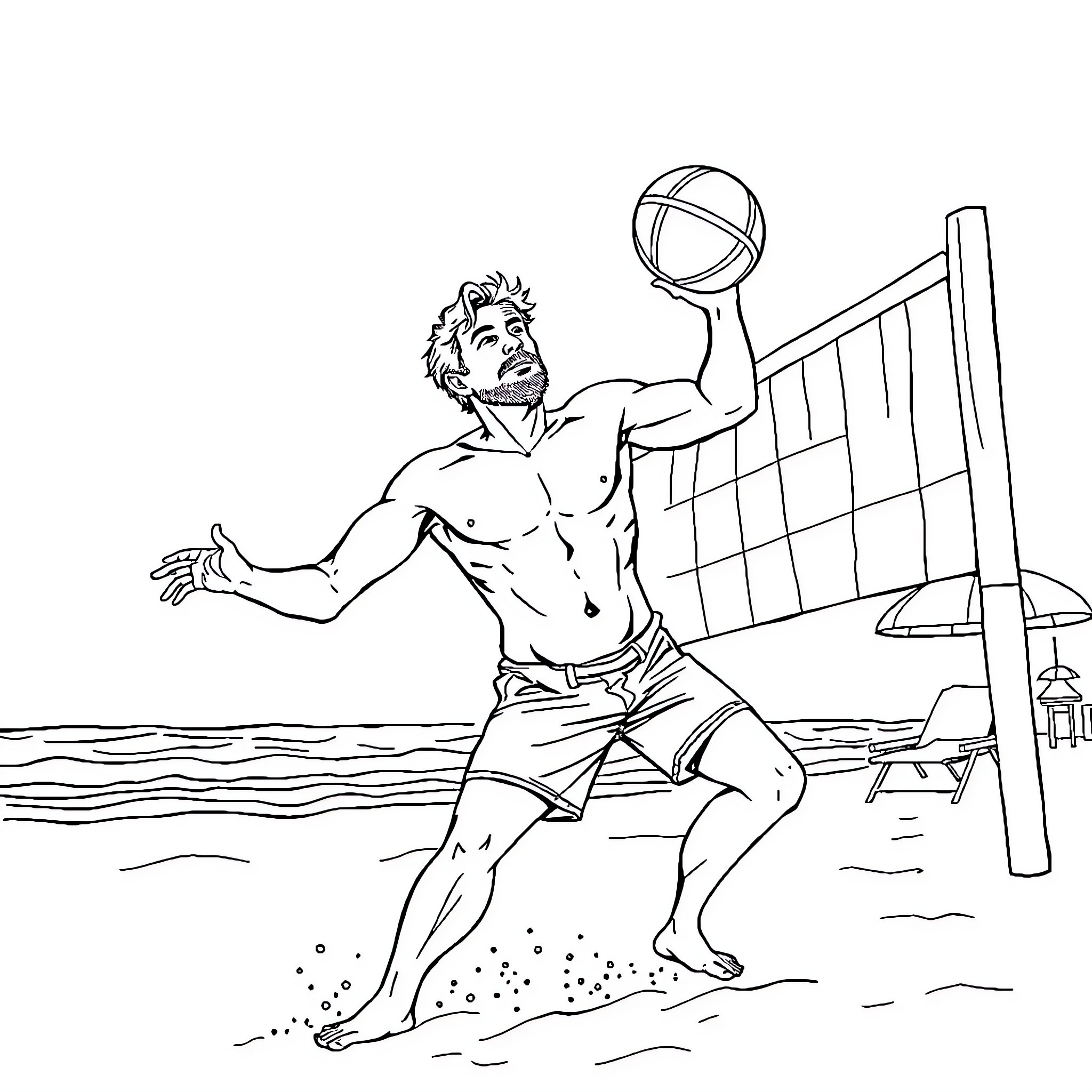 Barman playing volleyball on the beach Coloring Page (free black-and-white line drawing printable PDF for all, from beginners to advanced learners, including children, teens, adults, and seniors)