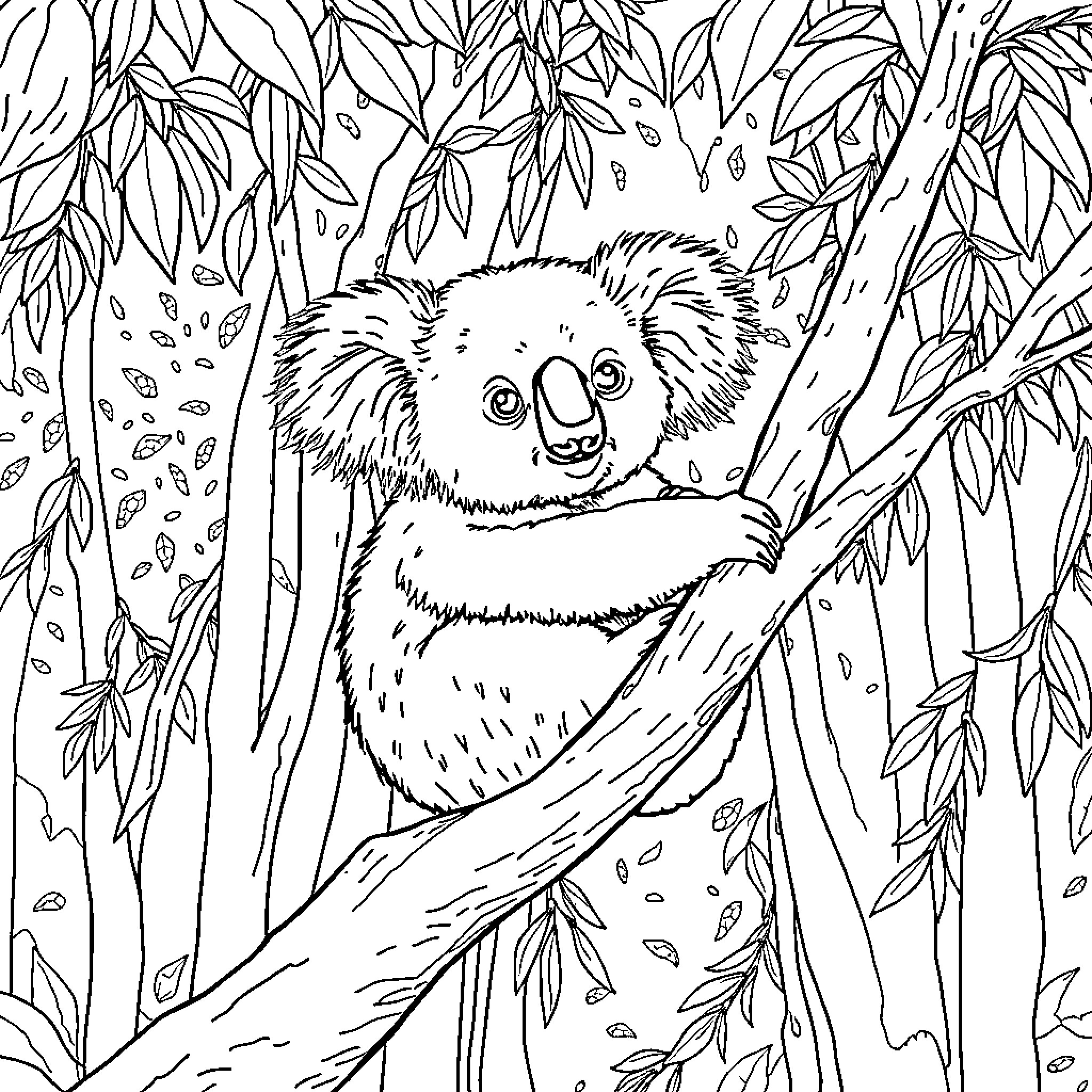 Koala exploring the lush forest habitat Coloring Page (free black-and-white line drawing printable PDF for all, from beginners to advanced learners, including children, teens, adults, and seniors)